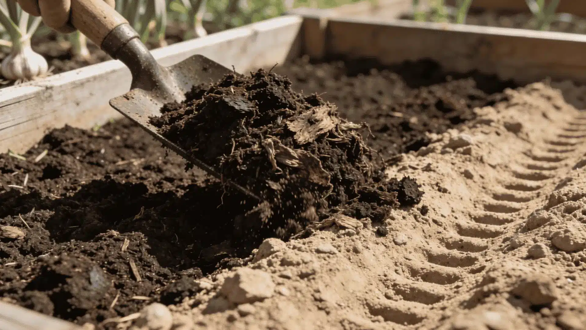 Compost mixed into loose soil in a raised garden bed