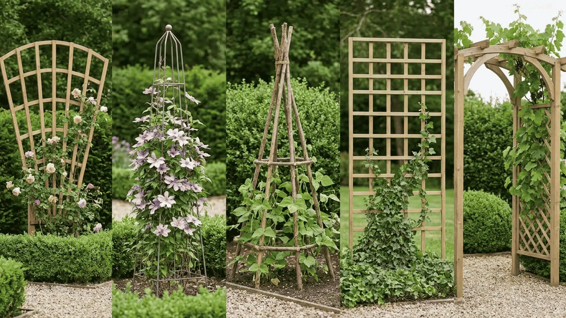 Fan, obelisk, teepee, flat panel, and arbor trellises arranged in a garden