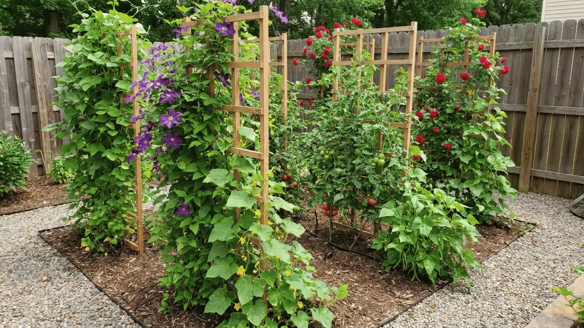 Flowering vines and climbing vegetables growing on trellises in a garden bed