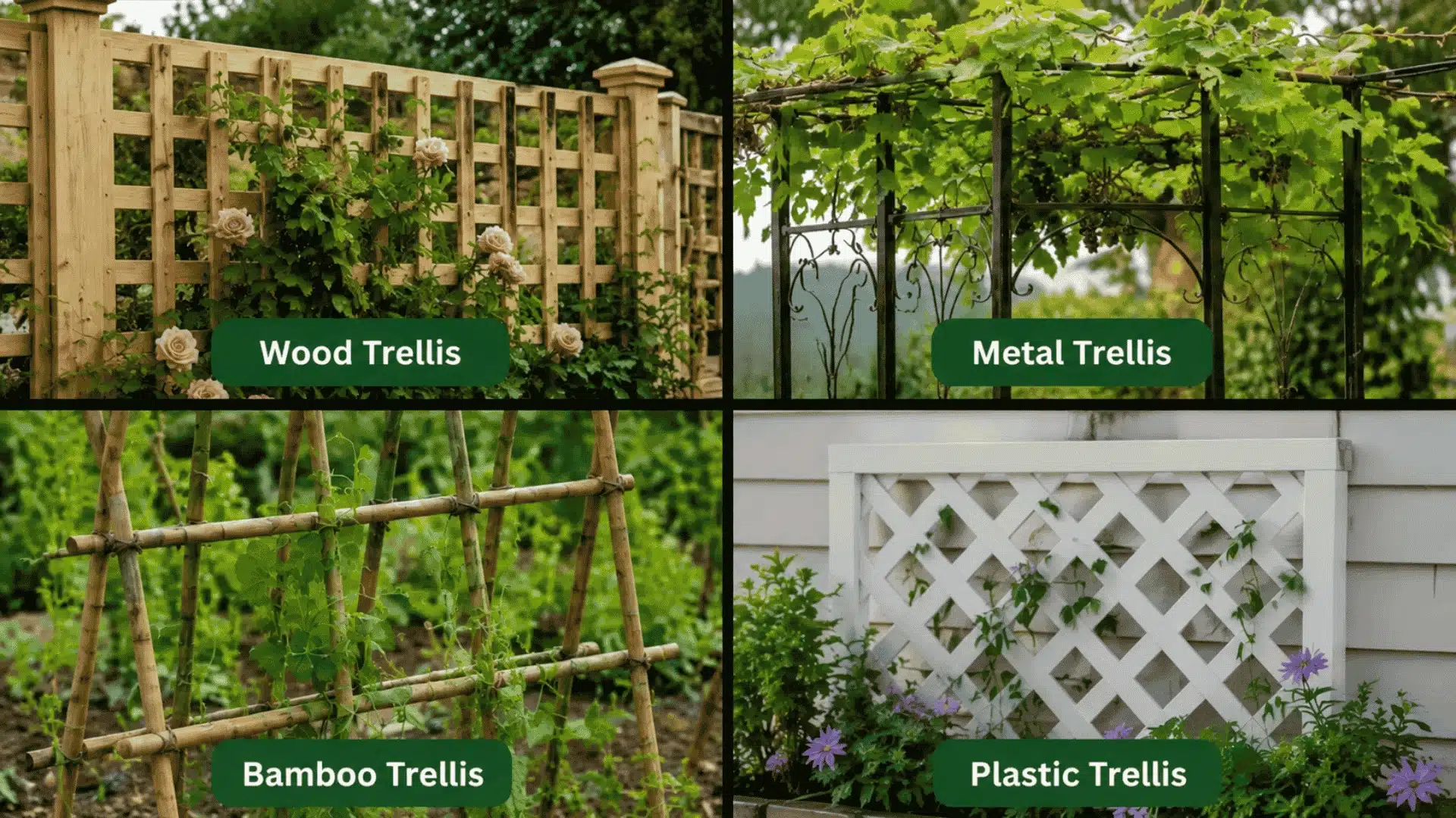 Four garden trellis types wood with roses, metal with grapevine, bamboo with peas, plastic lattice