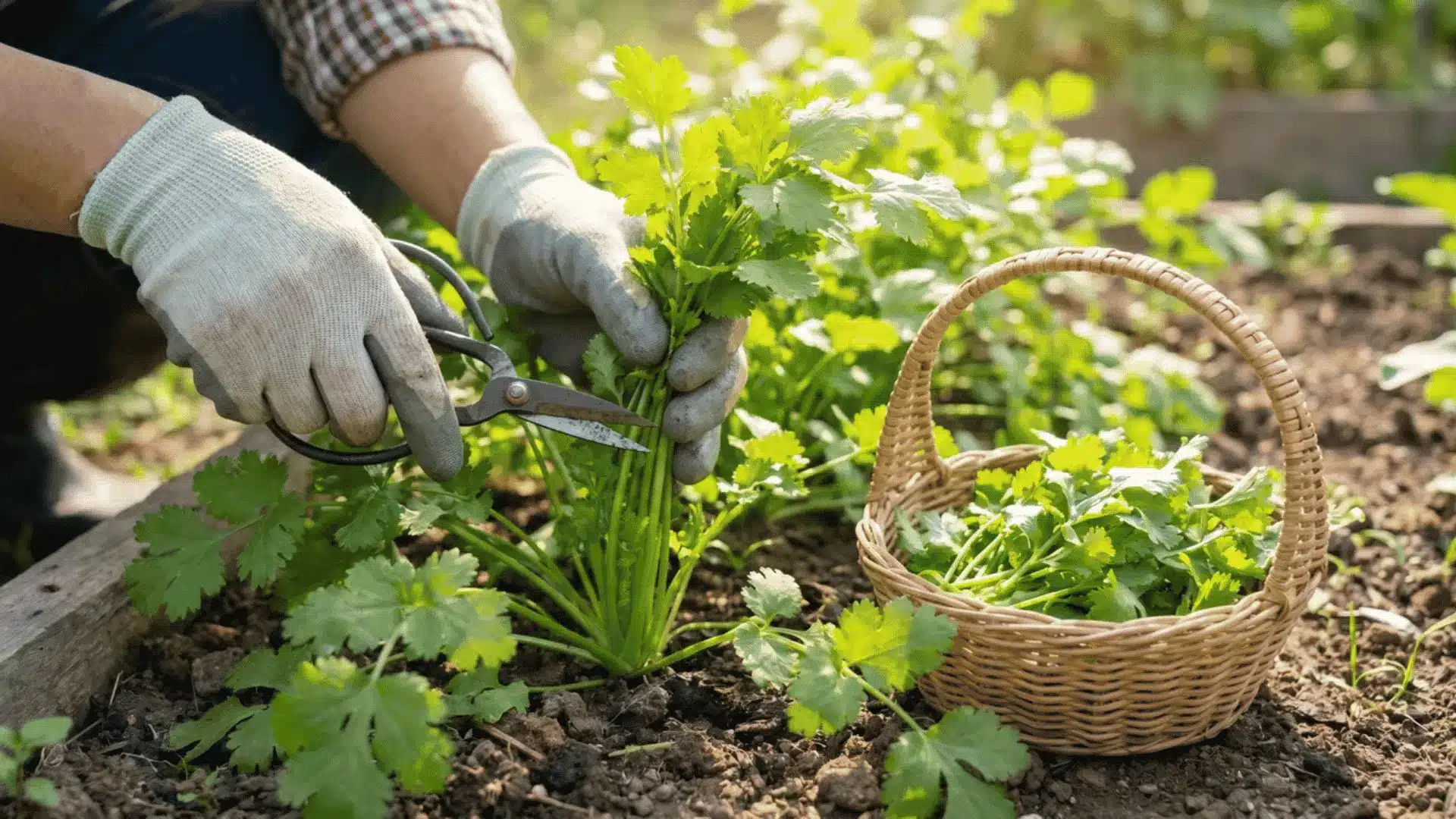 Gardener cutting outer cilantro leaves with scissors, leaving center growing point.