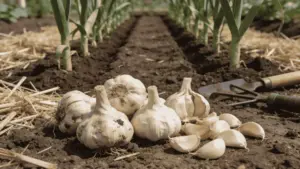 Garlic bulbs, cloves, mulch, and planted garlic rows in a home garden