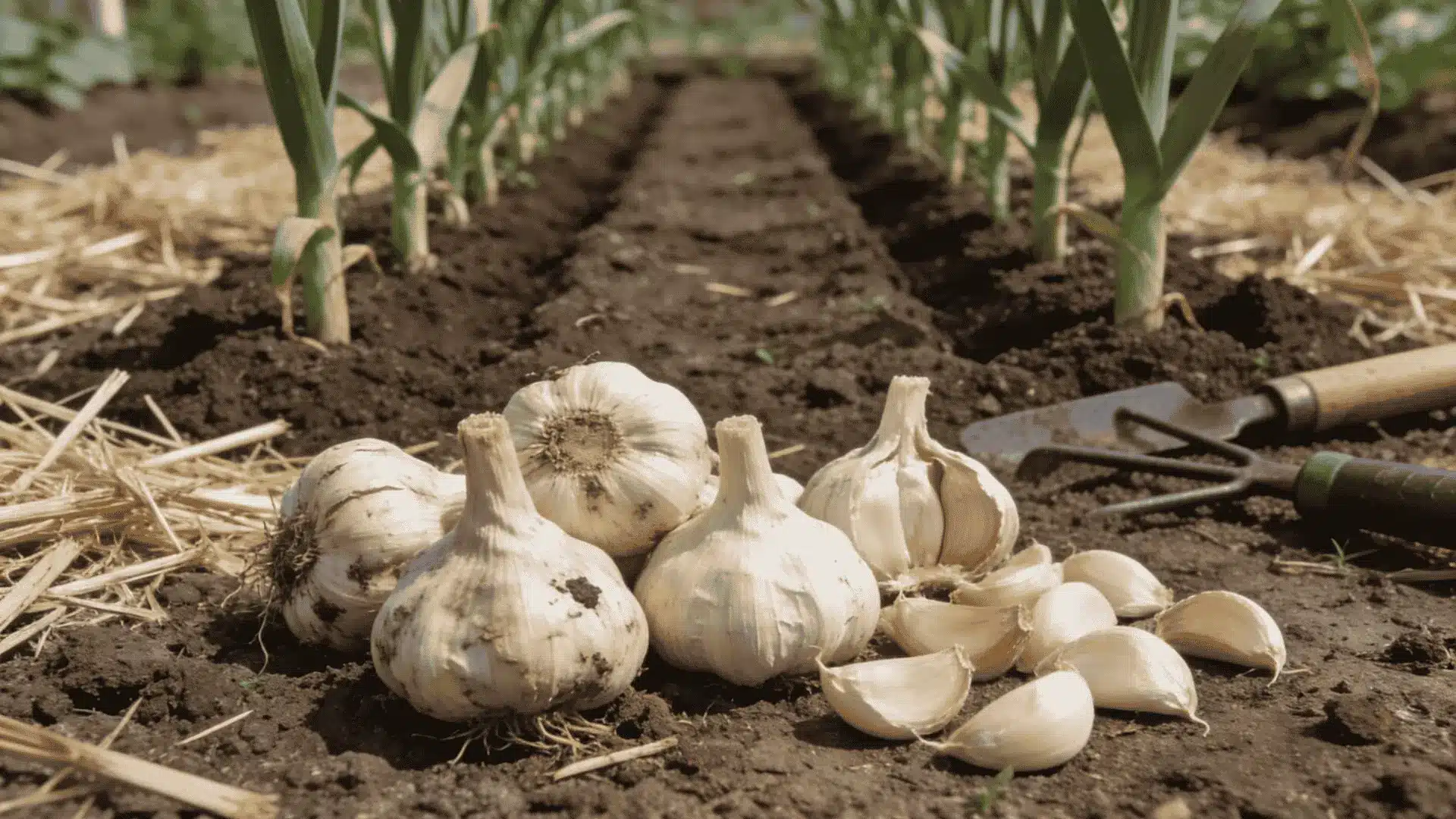 Garlic bulbs, cloves, mulch, and planted garlic rows in a home garden