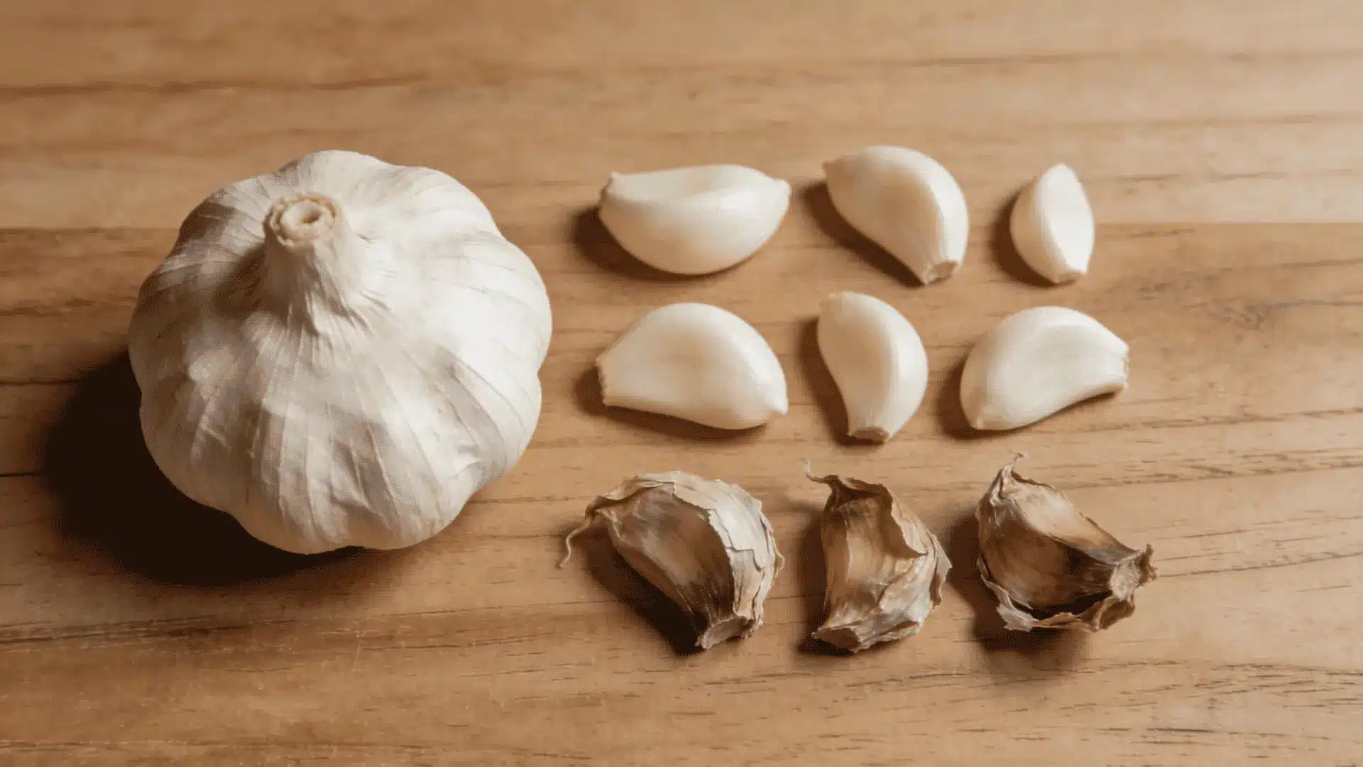 Garlic cloves separated by size beside a whole garlic bulb