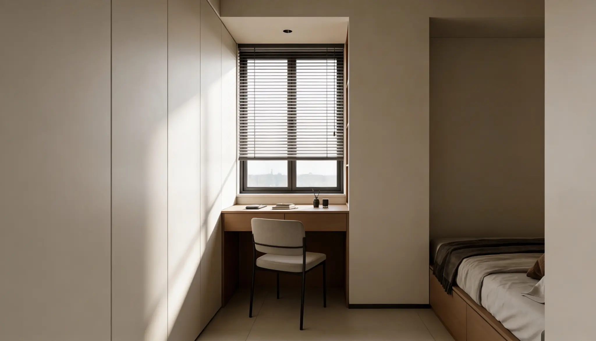Minimal bedroom with built-in desk, chair, window blinds, and natural light in a modern interior.