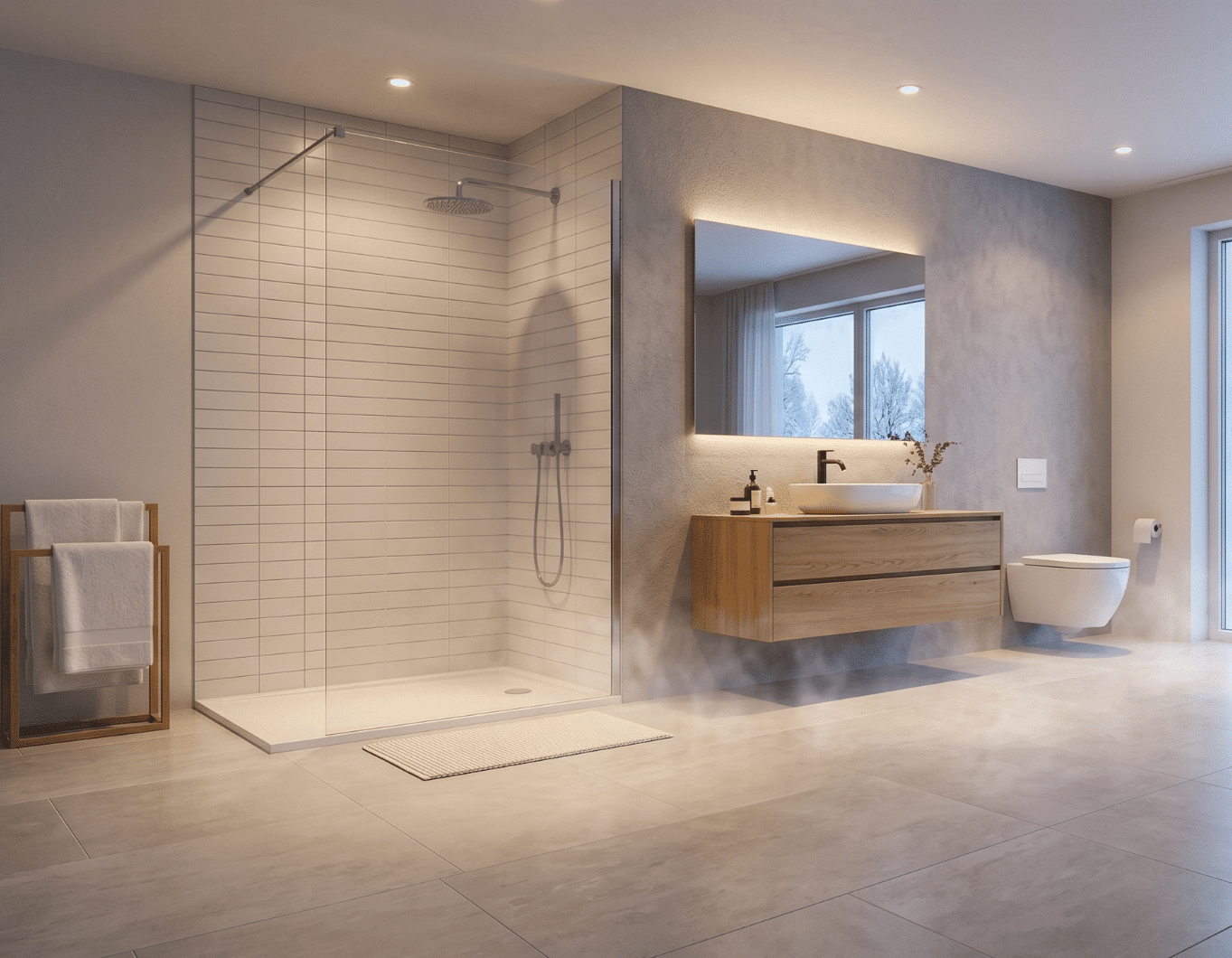 Modern bathroom with warm tiled floor in winter setting showing cozy heated floor effect without visible heating elements