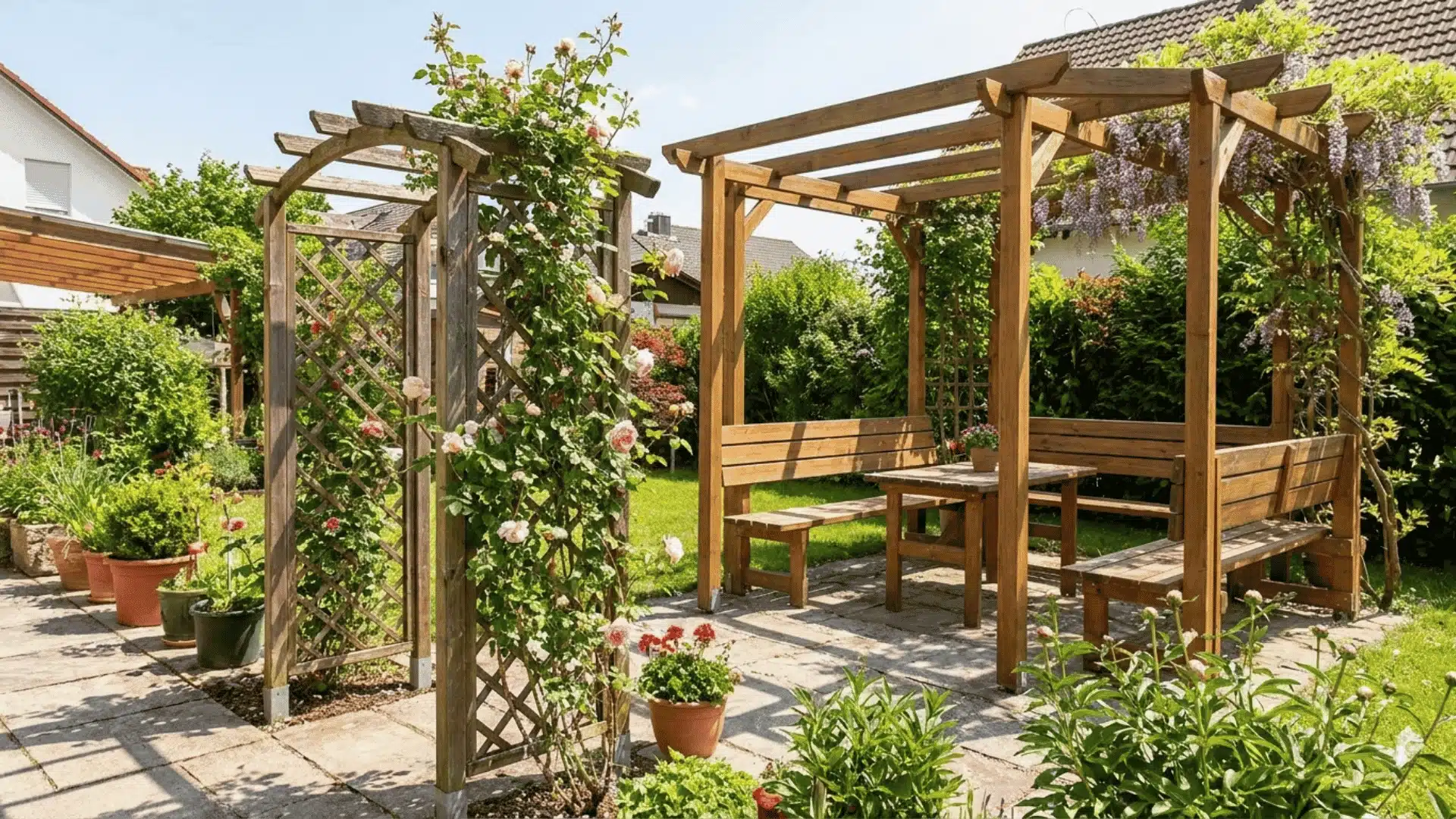 Small garden trellis beside a pergola with seating underneath