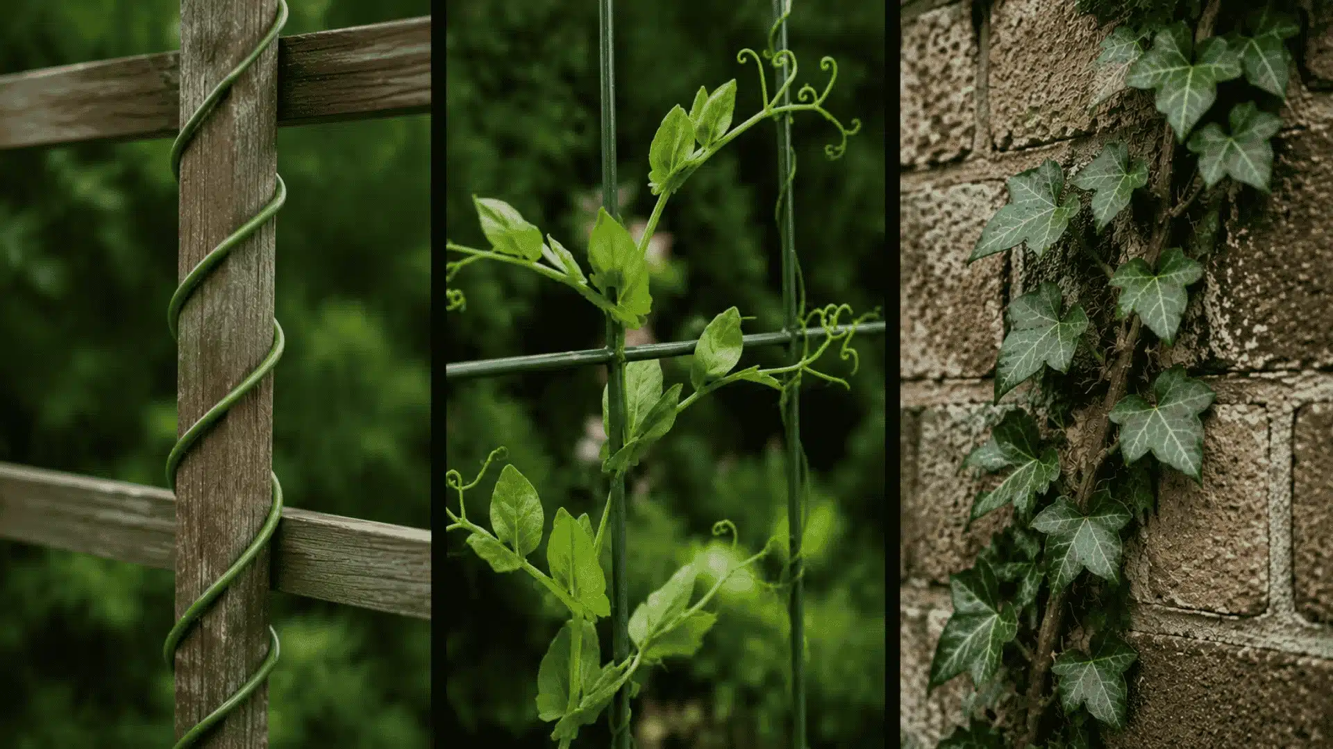 Three climbing plants on supports vine on wood, pea on wire grid, ivy on brick wall