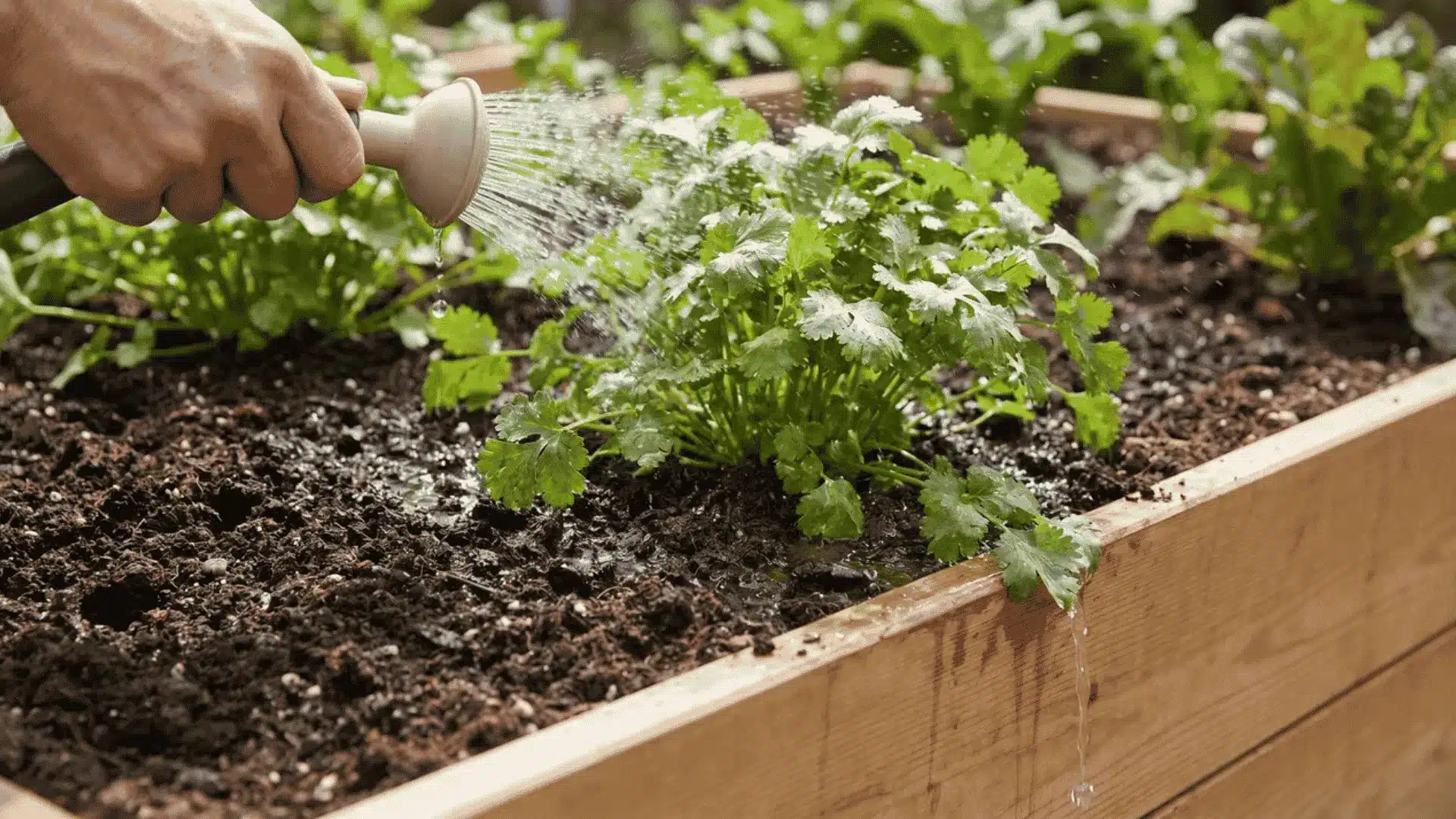 Watering cilantro plant in garden bed with healthy soil and proper drainage.