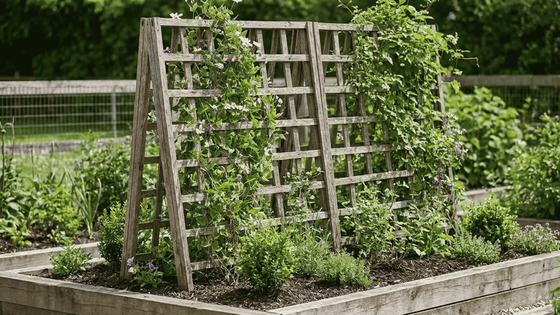 Wooden trellis supporting climbing vines in a small garden bed