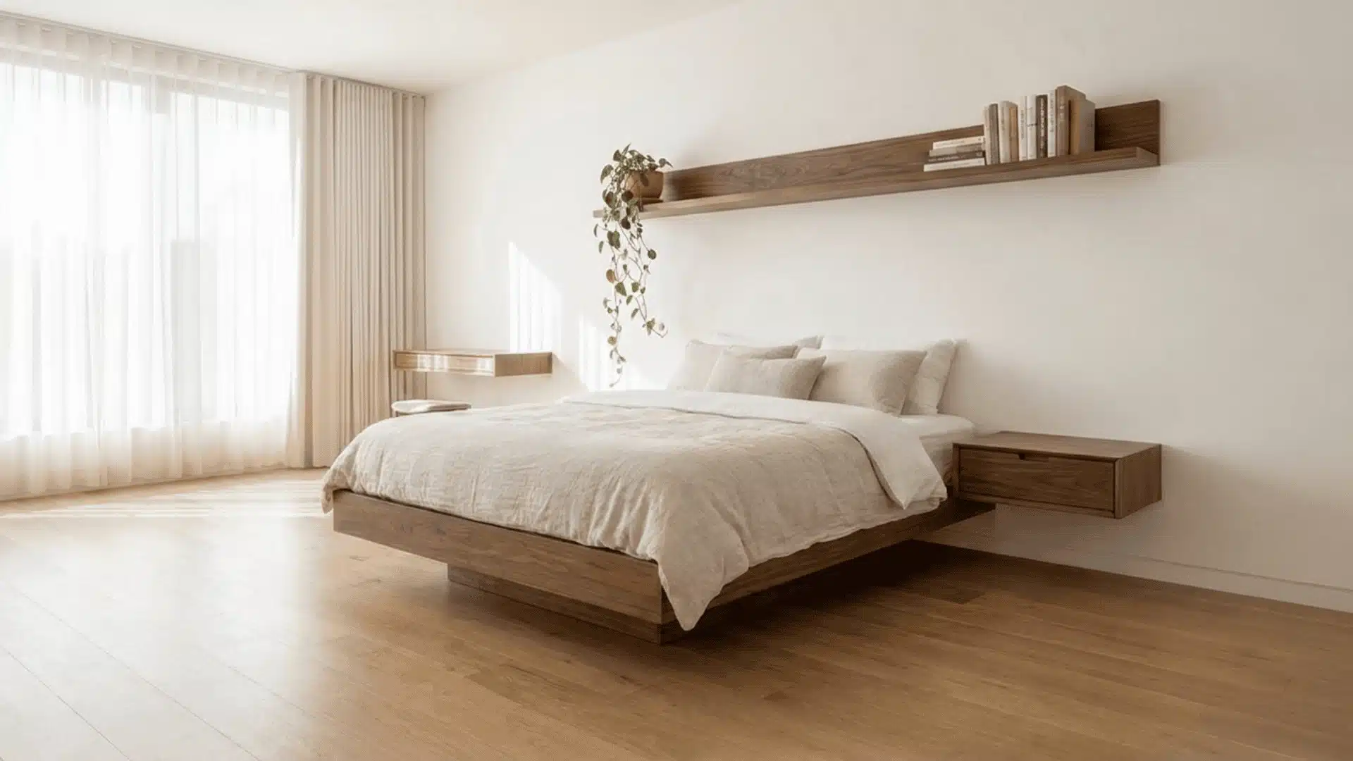 a bedroom with wall-mounted nightstands, floating shelves, and a wall-hung desk keeping the floor completely clear