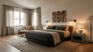 A modern masculine bedroom with sleek furniture, neutral-toned bedding, a large area rug, and minimalistic lighting fixtures.