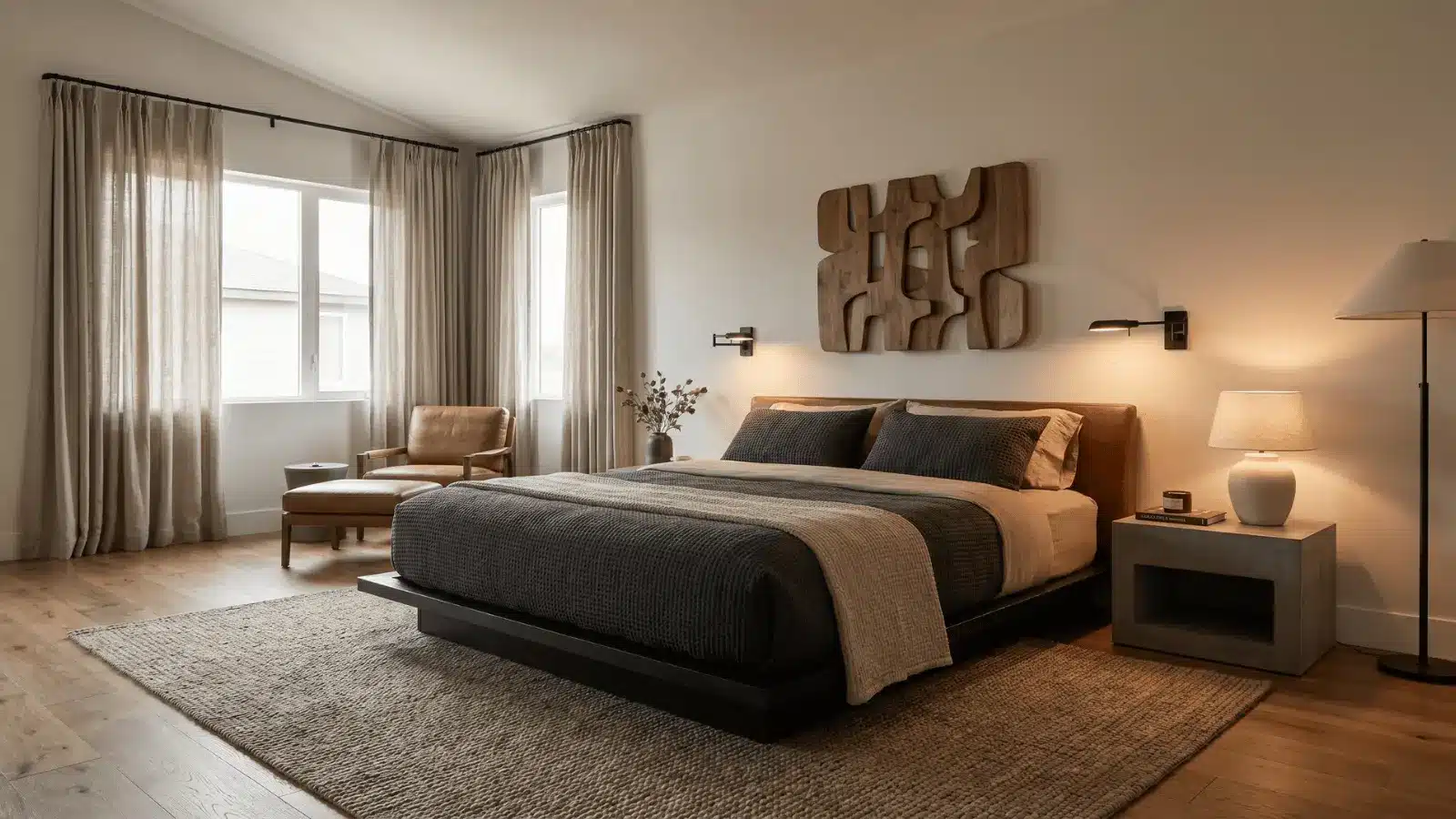 A modern masculine bedroom with sleek furniture, neutral-toned bedding, a large area rug, and minimalistic lighting fixtures.