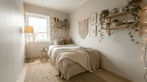 a small bedroom with a bed against the wall, clear walking lanes, and wall shelves for storage