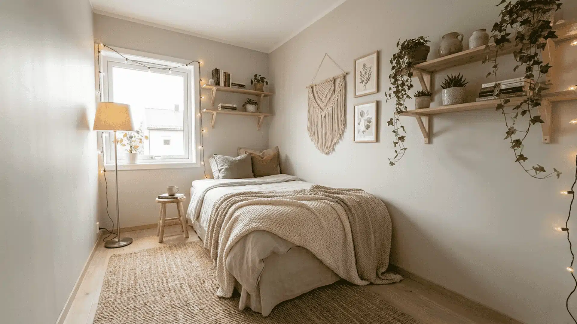 a small bedroom with a bed against the wall, clear walking lanes, and wall shelves for storage