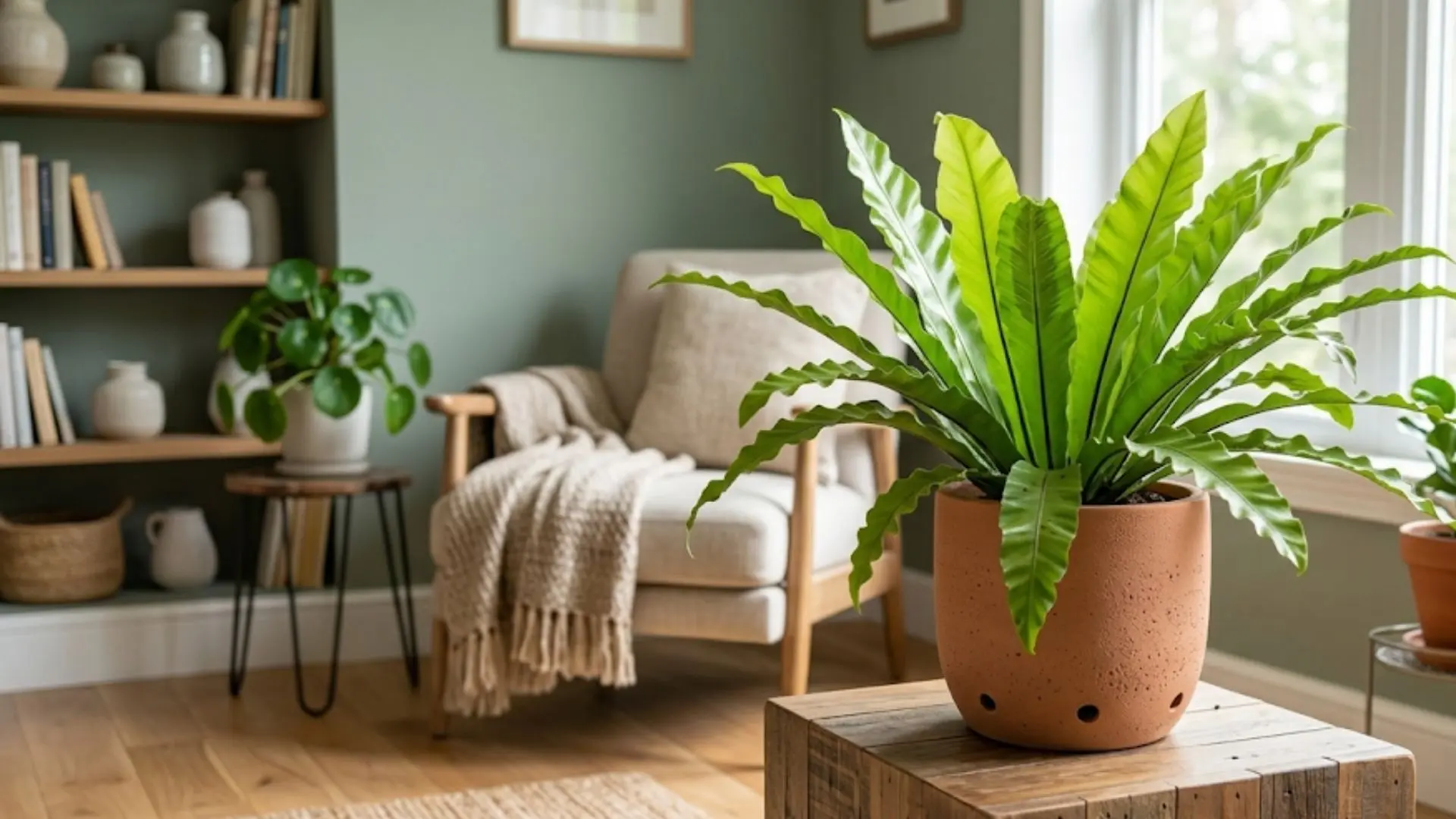 vibrant indoor Bird’s Nest Fern with wavy green leaves grows in a terra-cotta pot on a wooden block