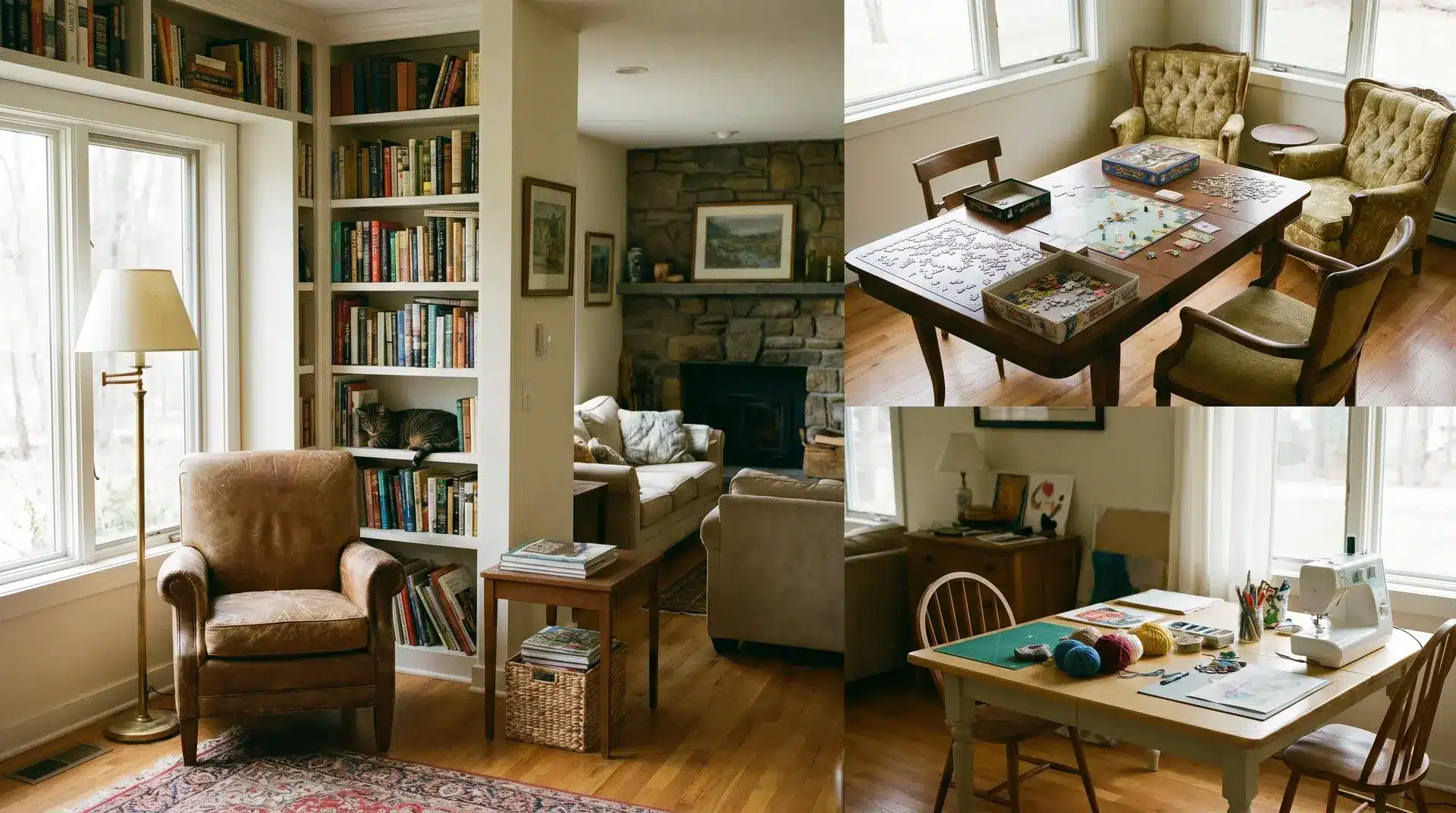 Living room with dedicated small zones for reading, hobbies, or games without overcrowding main seating.