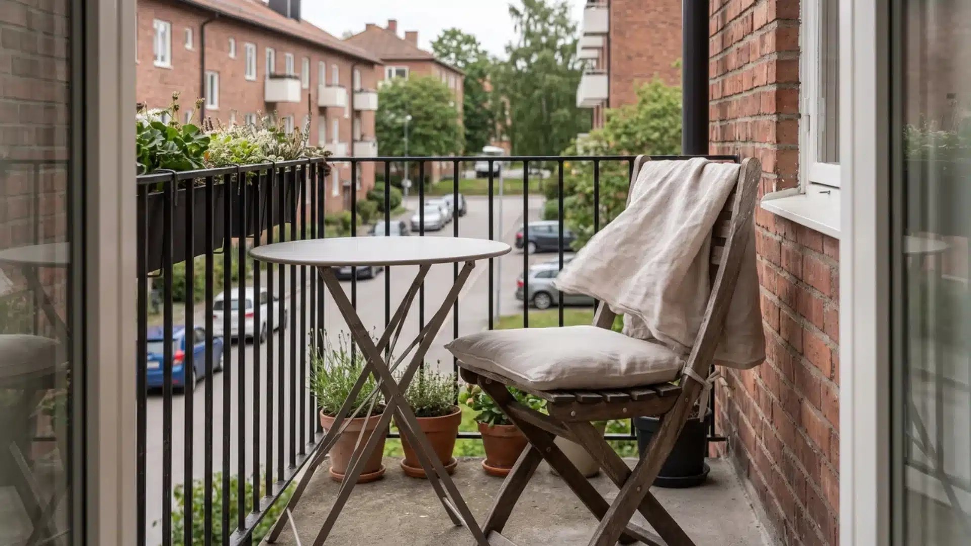 compact chair and side table set up on a narrow balcony