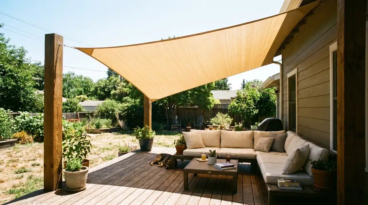 Wooden deck with sand-coloured triangular shade sail over cream cushion sofa set in bright midday sun with lush yard beyond.