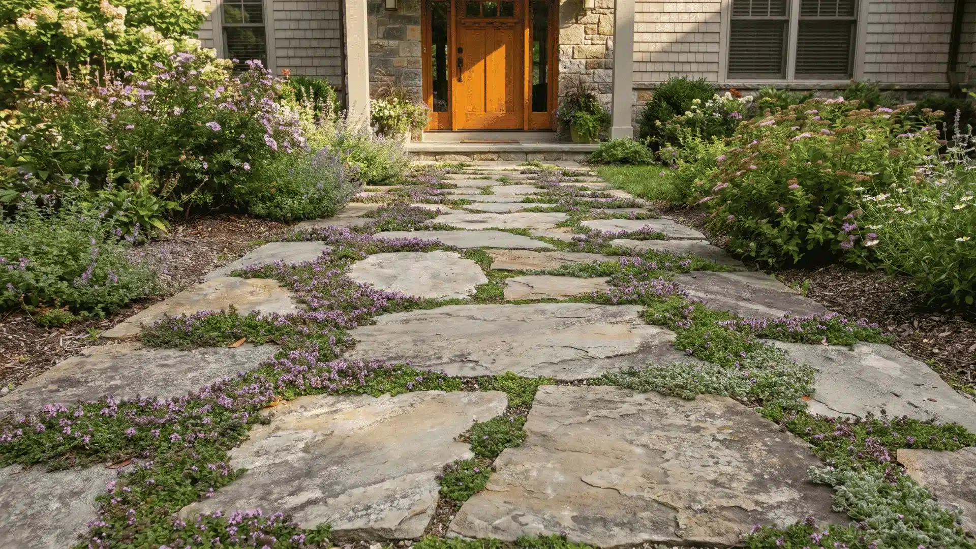 Stone front walkway with green ground cover growing between stepping stones.