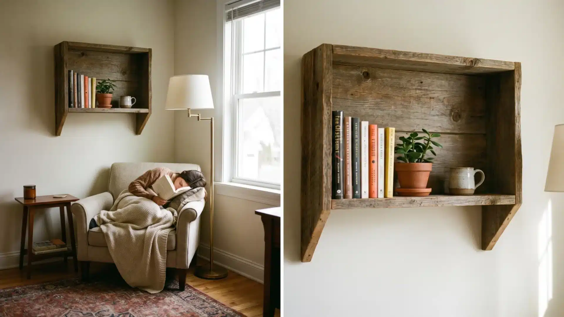 A cozy reading chair sits under a rustic wooden wall shelf holding books and a potted plant.
