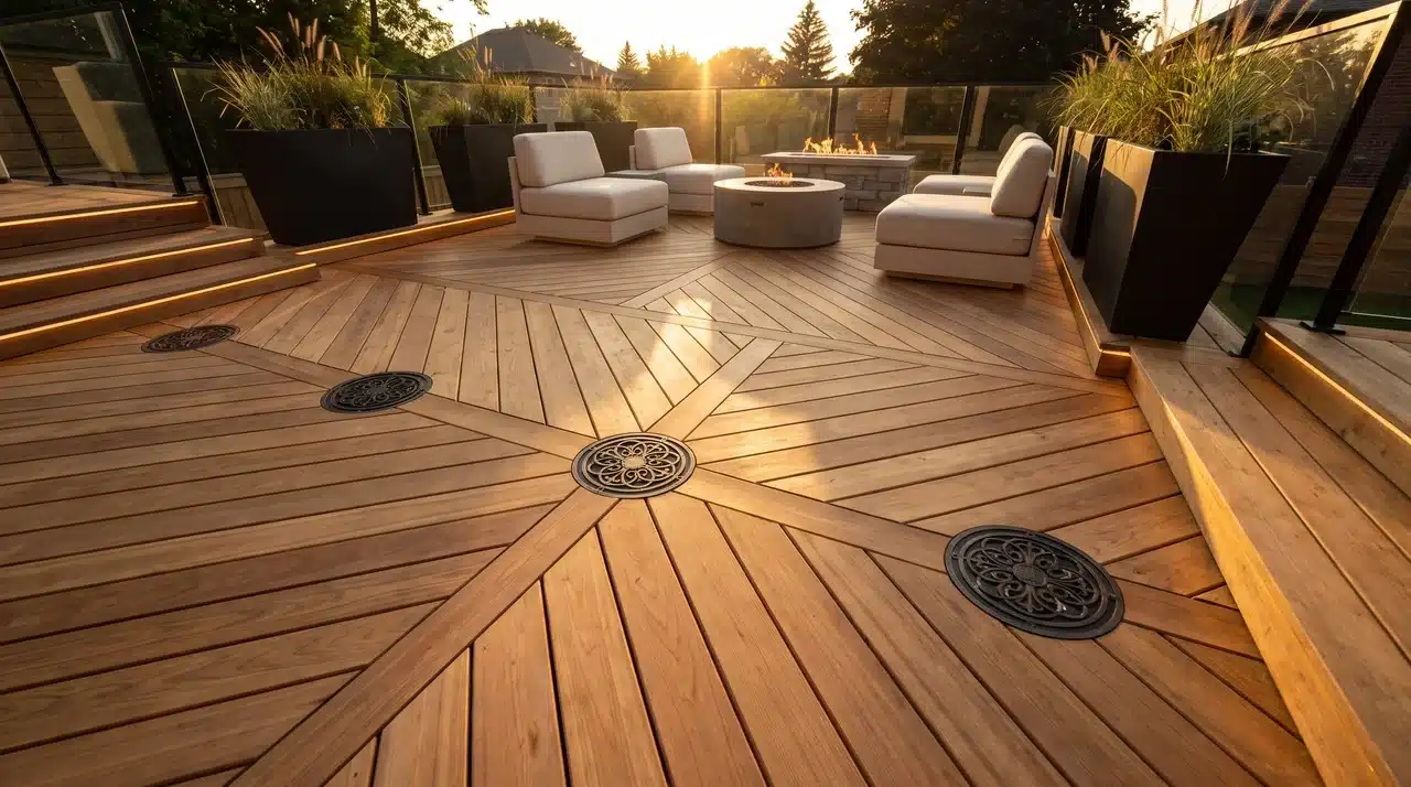 Luxury wooden deck with decorative bronze medallions, geometric flooring, minimalist furniture, and bespoke outdoor detailing.