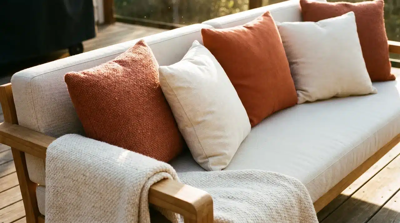  Outdoor sofa with weather-resistant terracotta and cream throw pillows and draped blanket on a sun-drenched wooden deck.