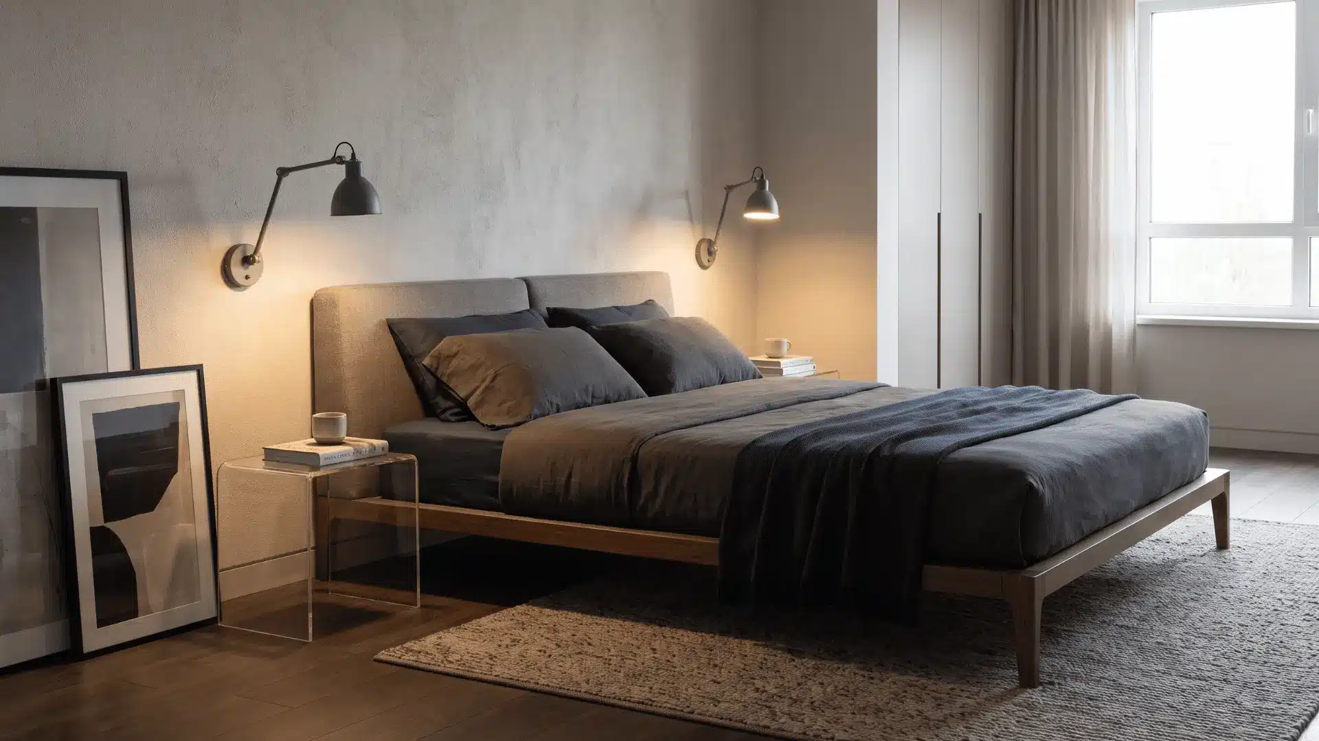 Modern bedroom with adjustable black sconces mounted above two bedside tables