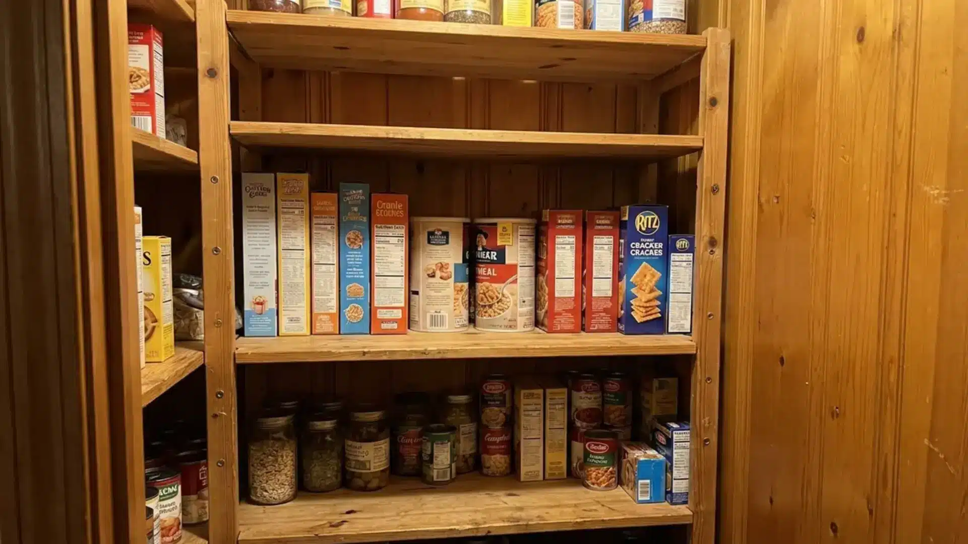 Wooden pantry shelf with movable shelf pins holding boxed and canned pantry items