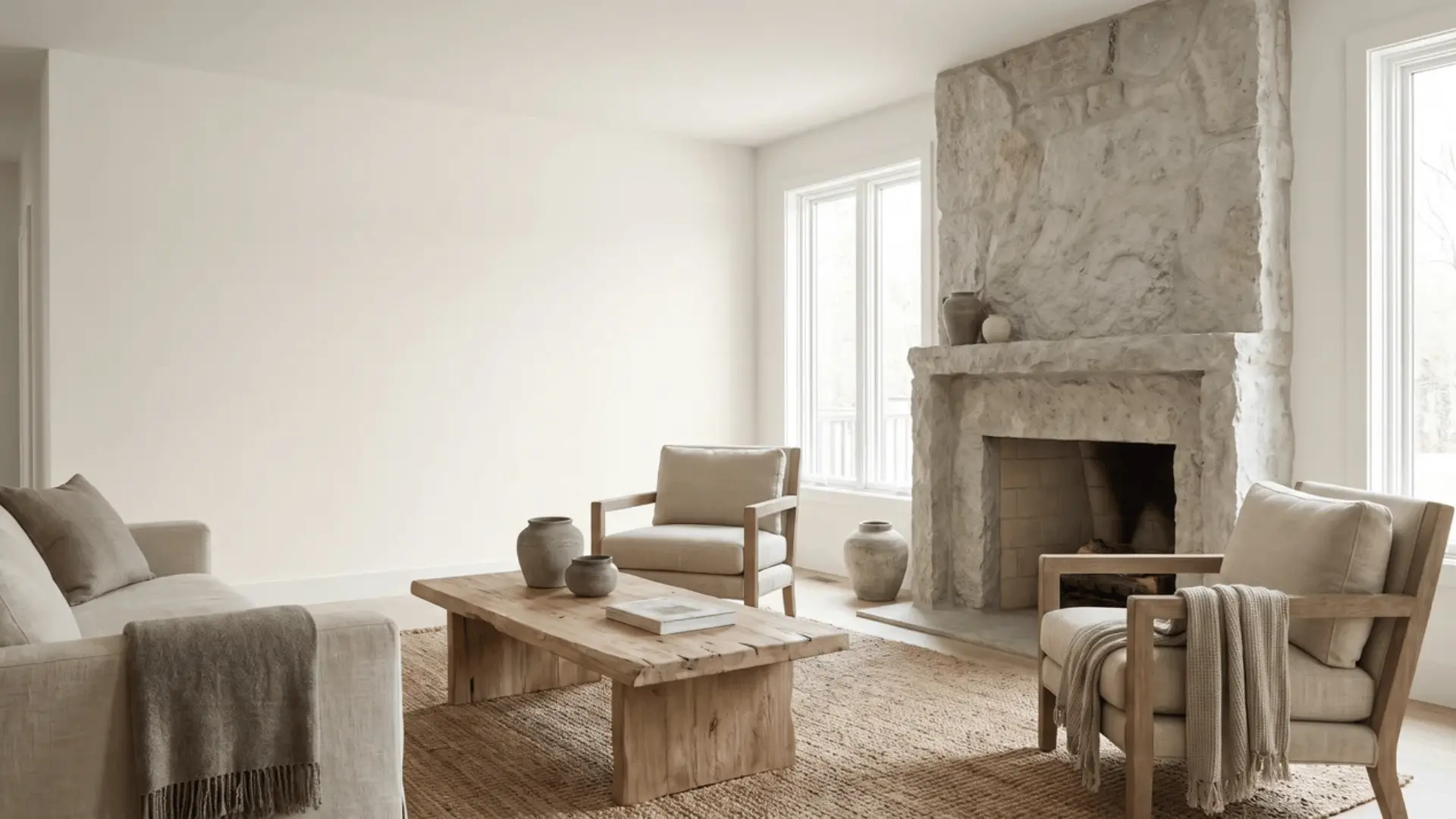 Alabaster warm white walls with raw wood furniture and natural stone surfaces