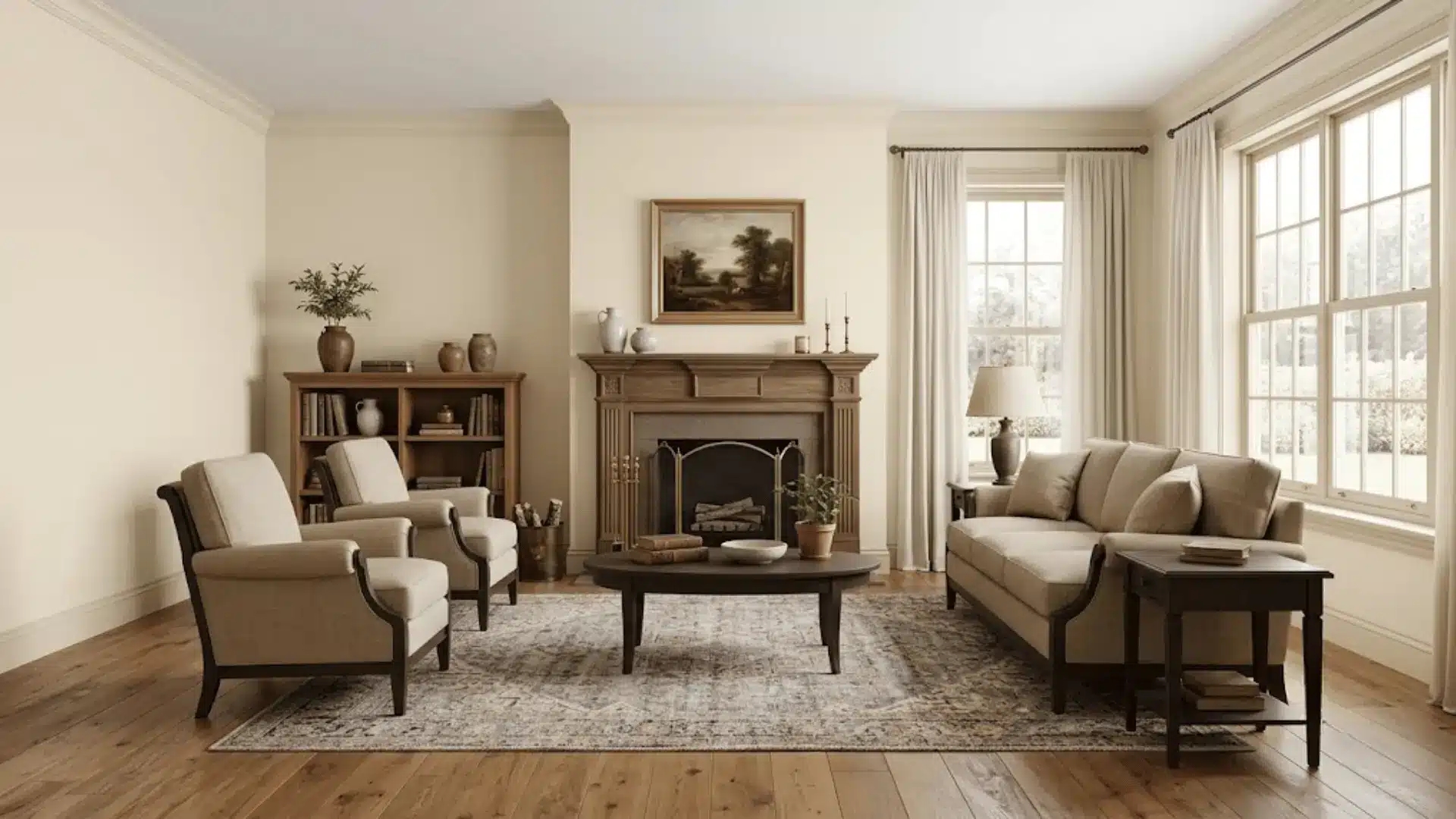 Traditional room with antique warm white walls and warm wood flooring