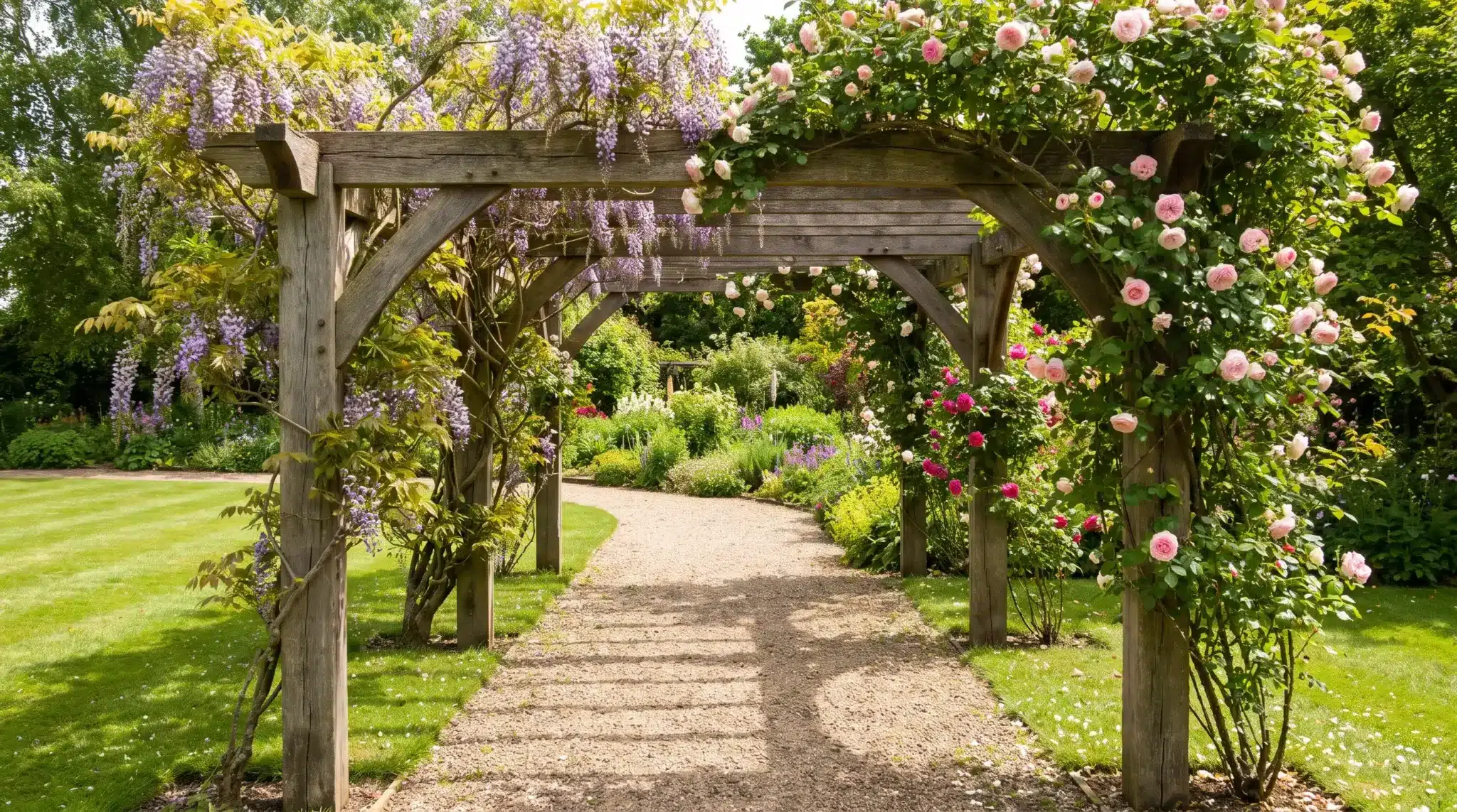 Flowering arbor trellis marking the entrance between two landscaped garden areas.