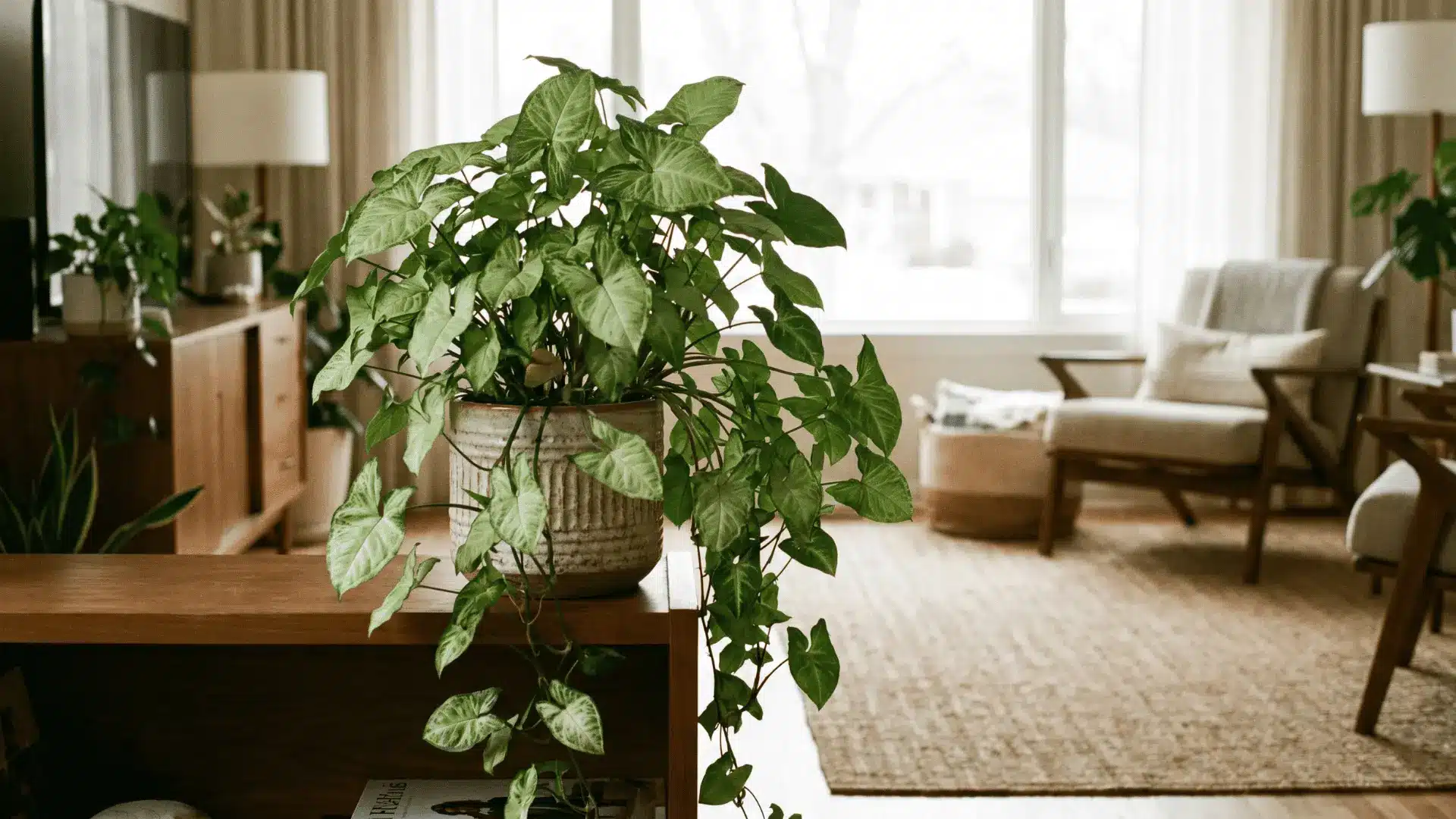 Arrowhead plant with arrow-shaped leaves in indoor pot.
