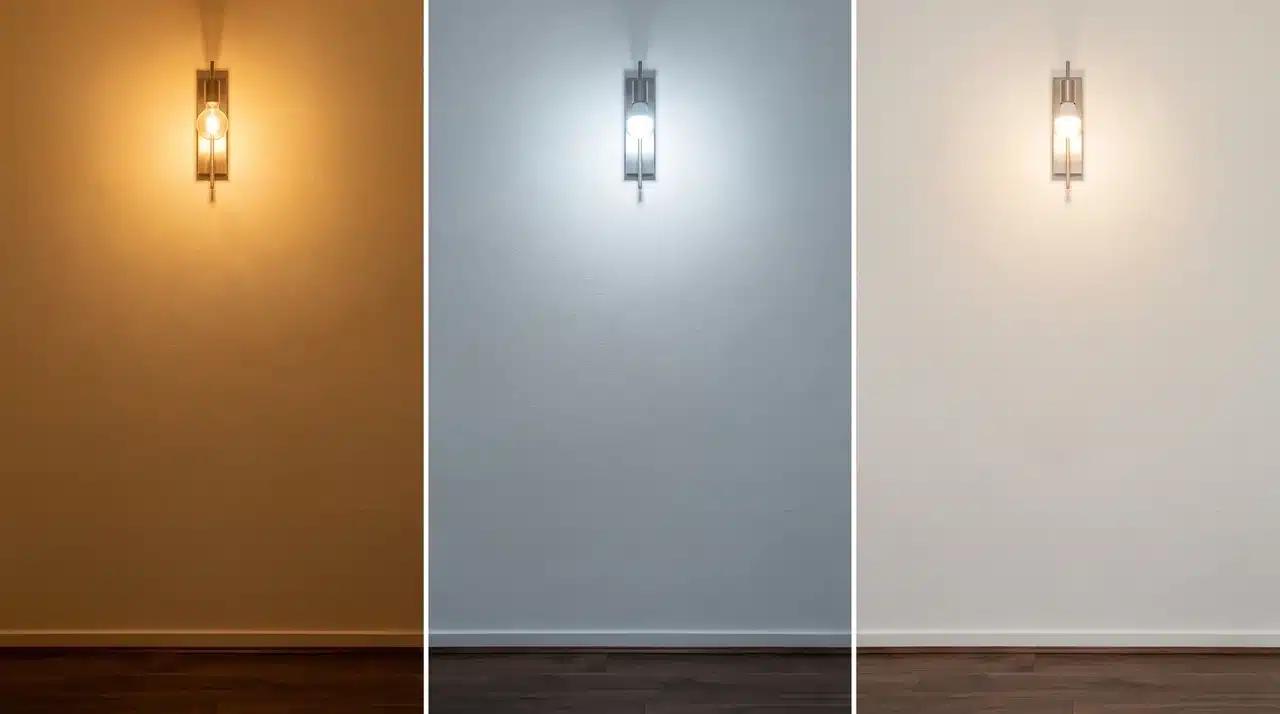 Same wall paint photographed under incandescent, cool white LED, and warm white LED bulbs showing how artificial light shifts undertone perception.