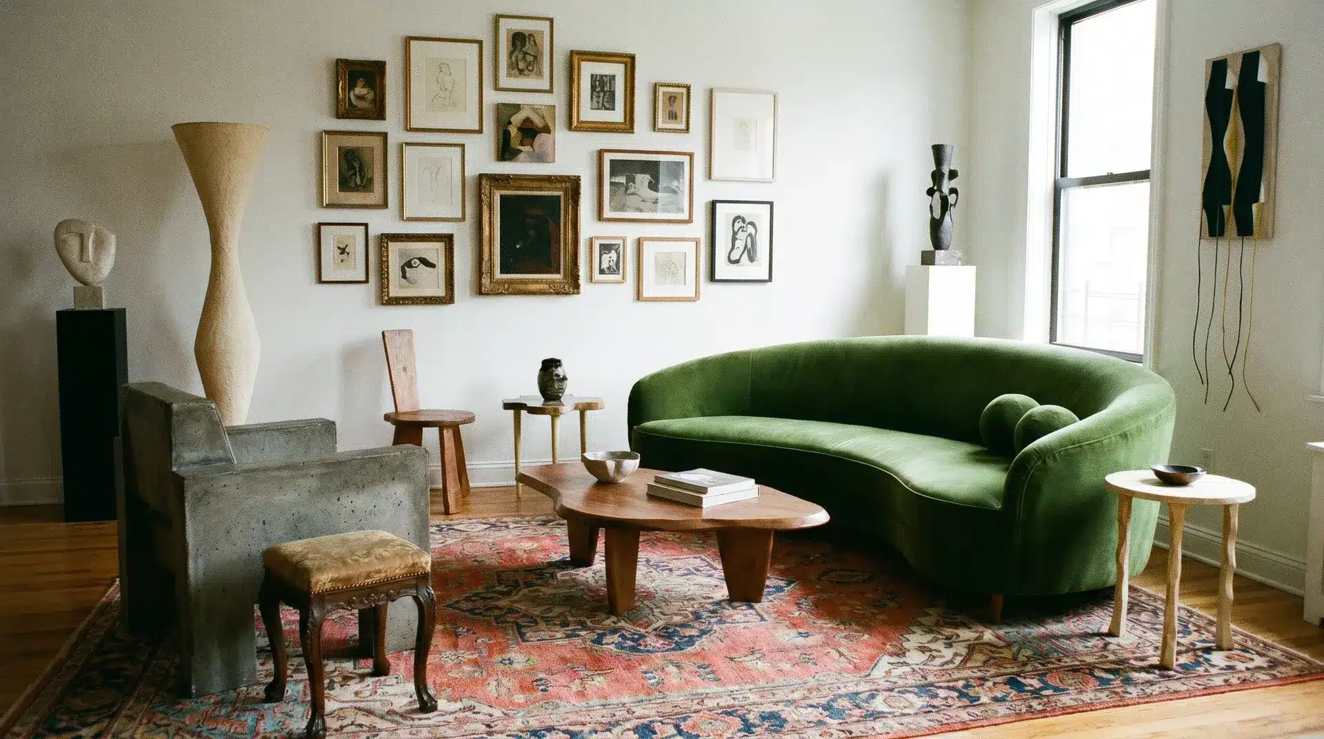 Asymmetrical furniture arrangement in a living room creating visual interest while maintaining flow.