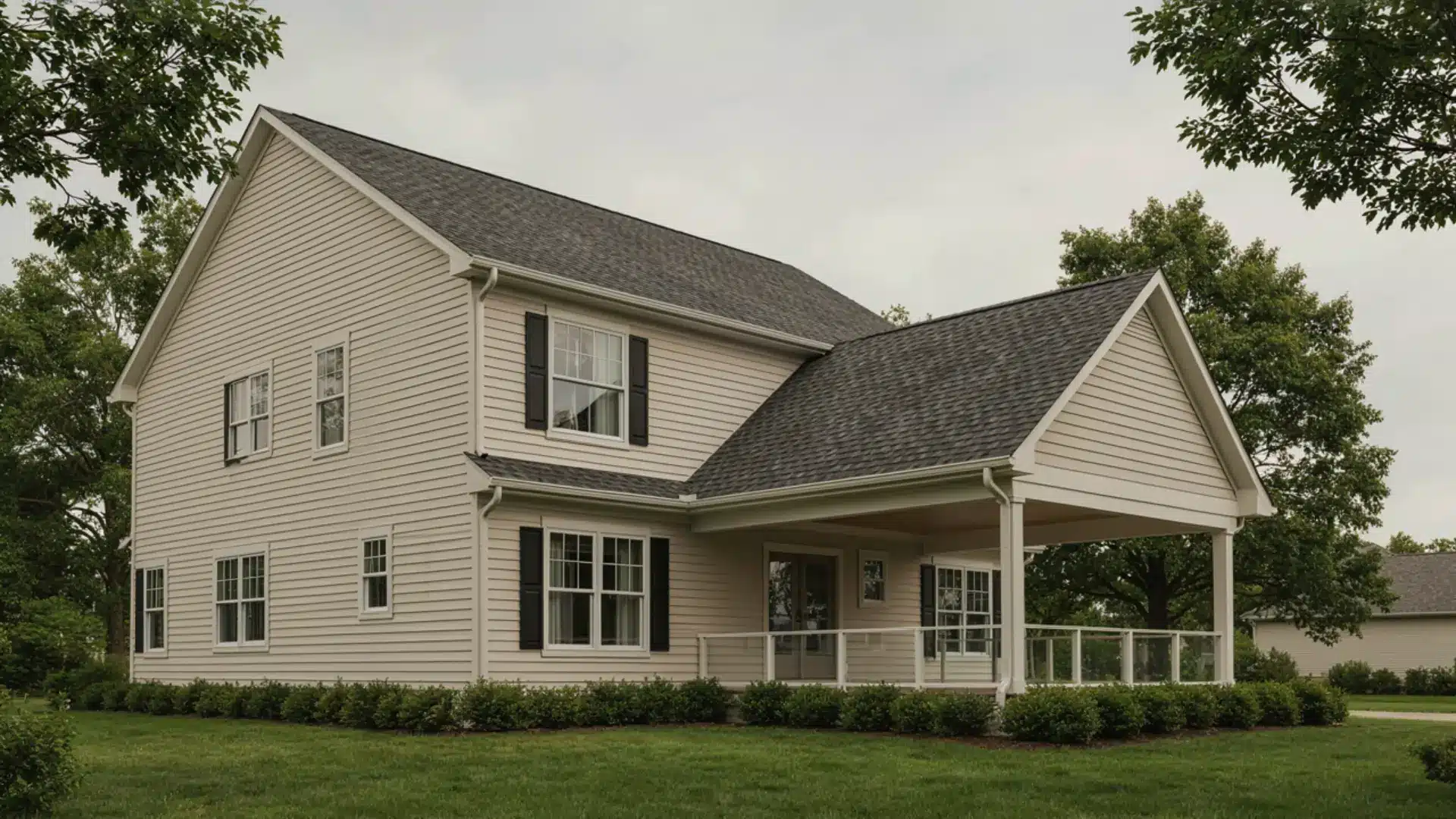 Two-story beige house featuring an attached covered porch with a matching gable roof.