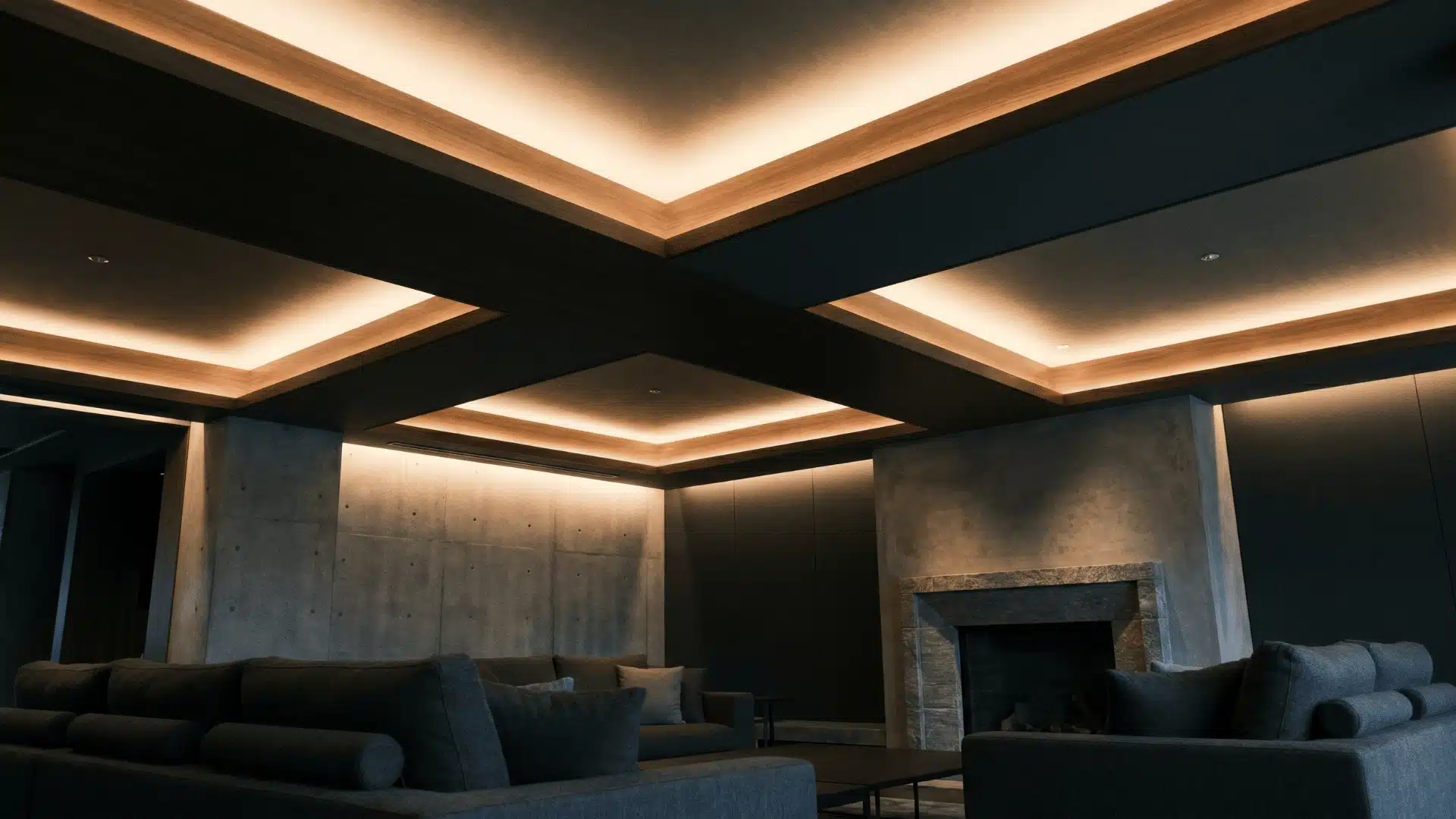 Backlit tray ceiling emitting soft perimeter glow that outlines the recessed ceiling frame.