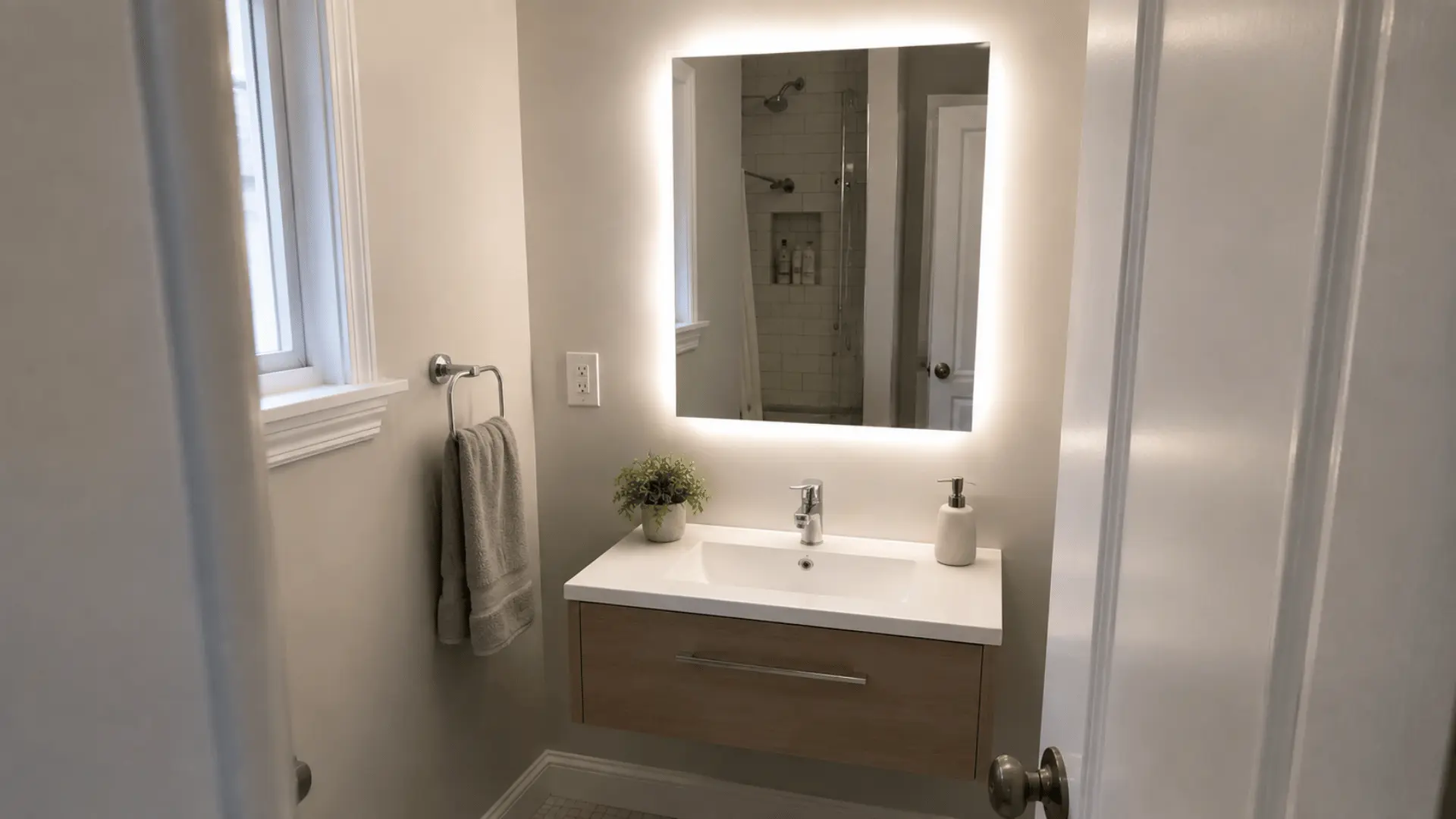 Backlit mirror above a bathroom vanity with integrated lighting around the mirror edge