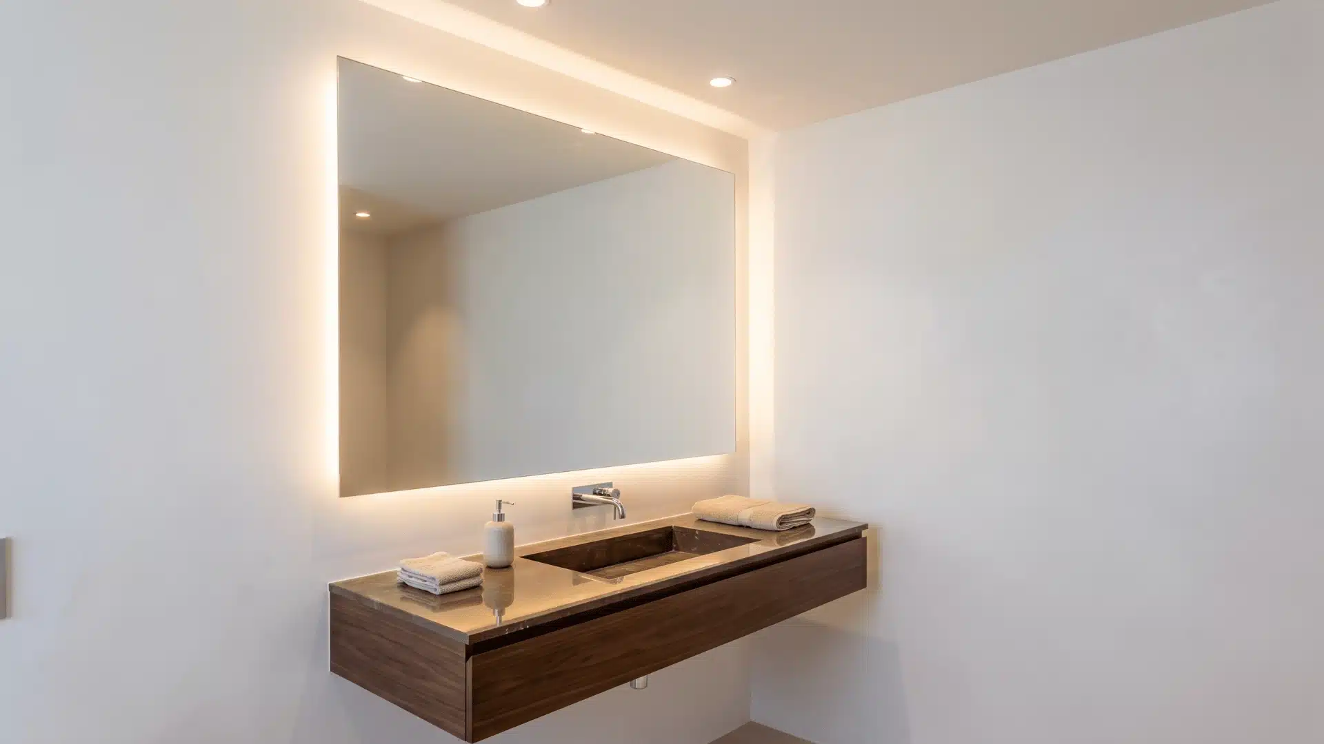 Vanity with backlit mirror creating soft even glow for grooming