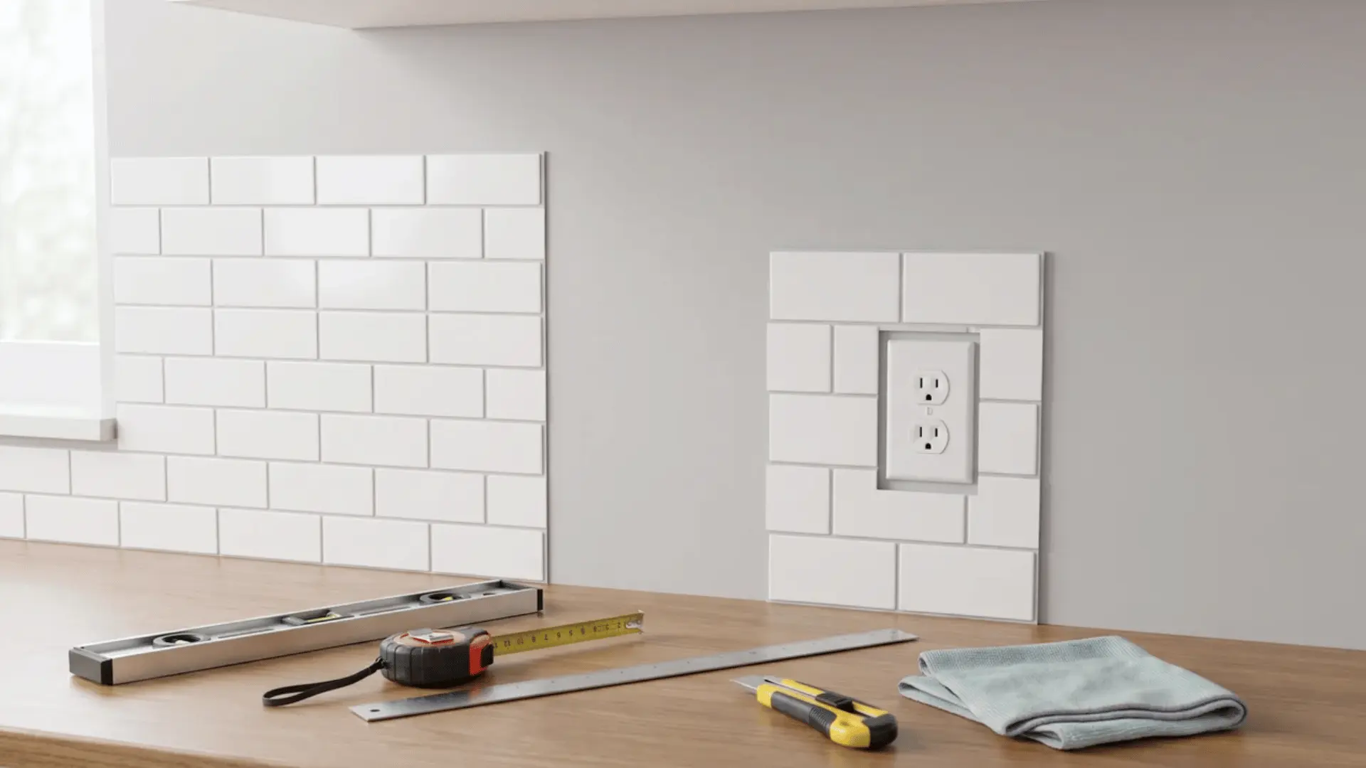 Peel-and-stick backsplash sheets aligned above a counter with cutting and measuring tools nearby