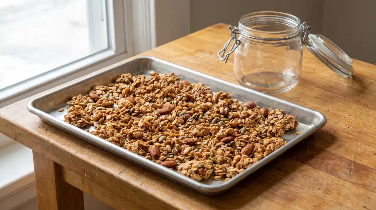 Homemade granola with oats, nuts, and seeds spread on a baking sheet beside a glass jar