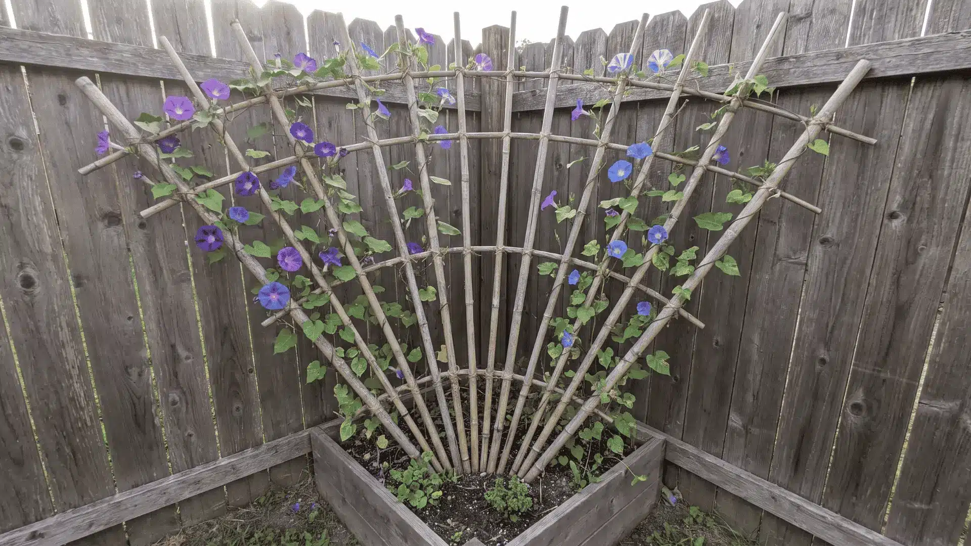 Fan-shaped bamboo trellis supporting a flowering vine in a compact garden bed.