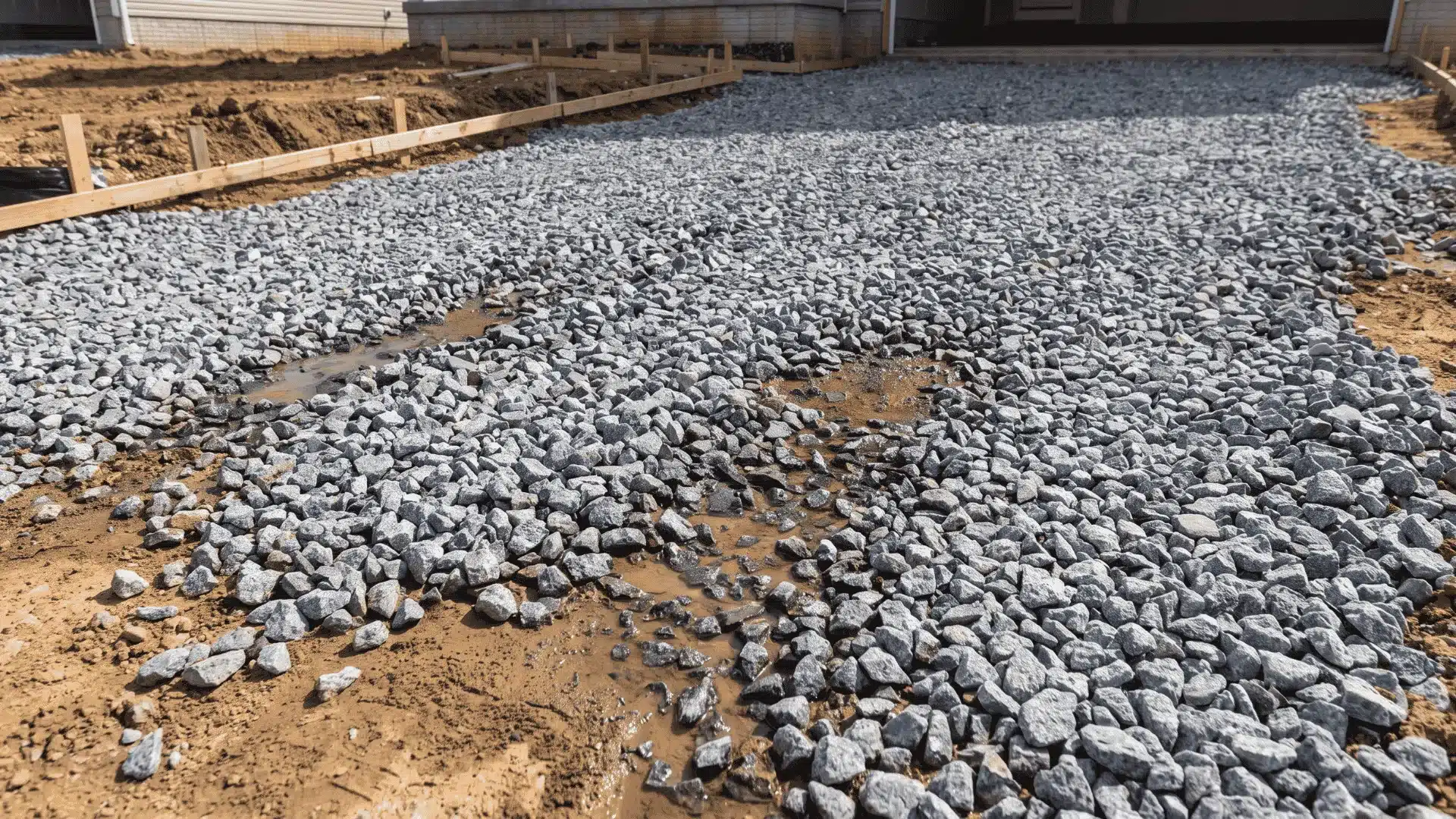 Large crushed stone base layer installed over compacted soil for driveway support and drainage.