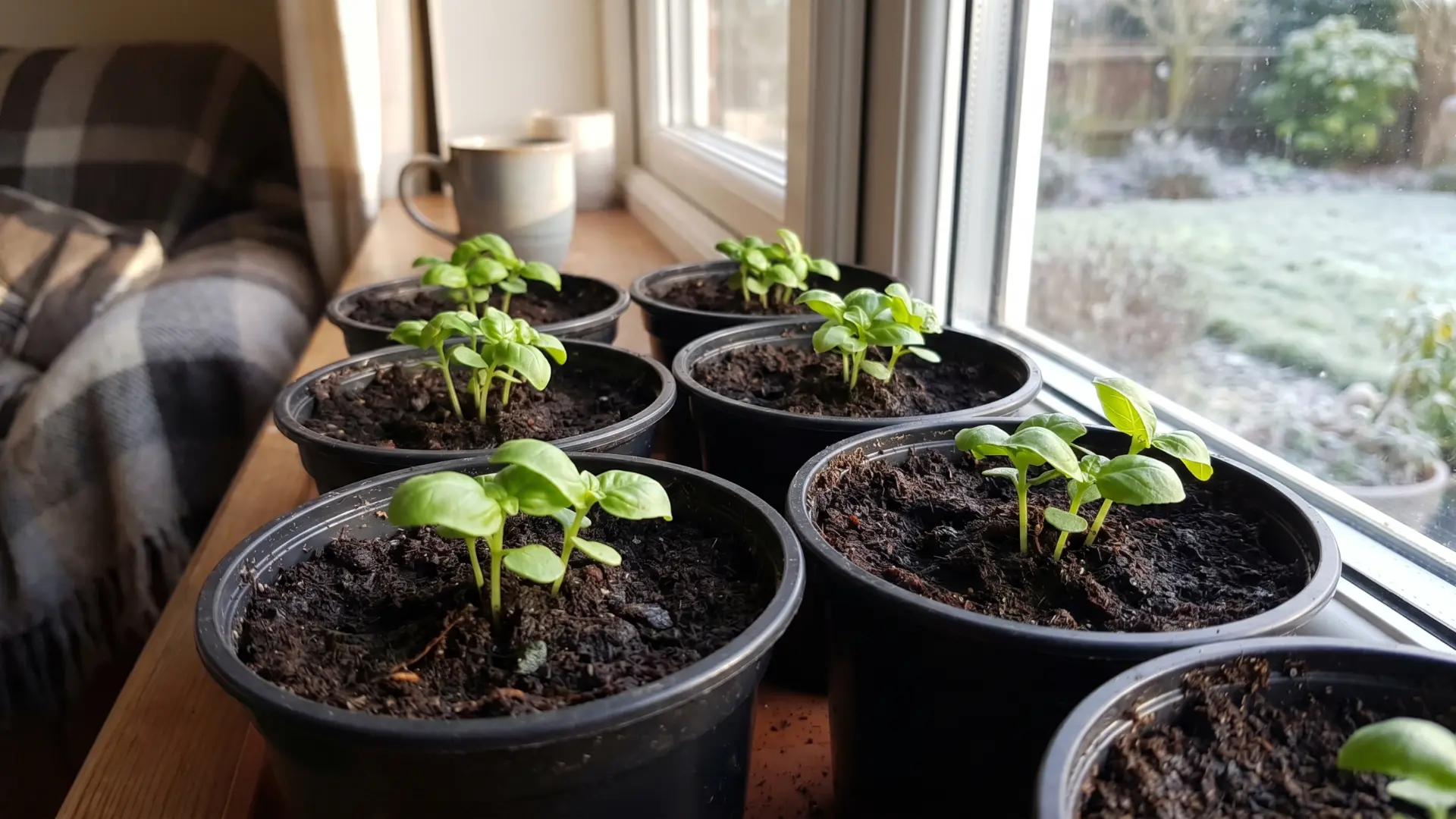 Close-up of basil seedlings in dark pots on a south-facing windowsill with sunlight and warm soil indoors in a cooler climate