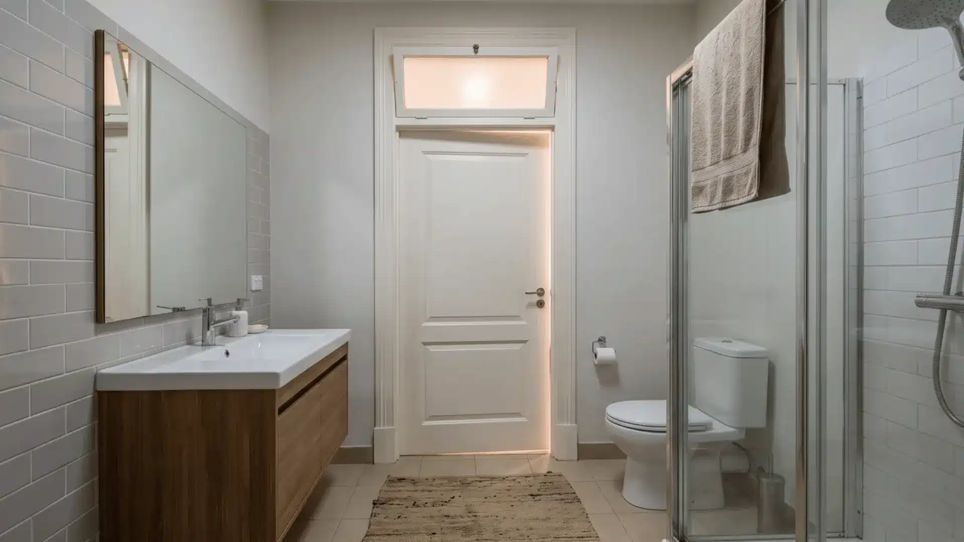 Small bathroom interior with vanity, toilet, shower, and a frosted transom window above the door