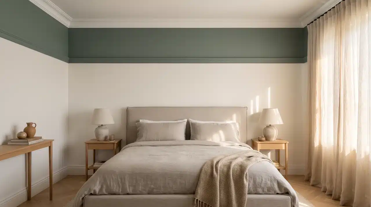 A calm master bedroom where crown molding and a picture rail create a framed upper wall panel painted deep sage green above a linen upholstered king bed.