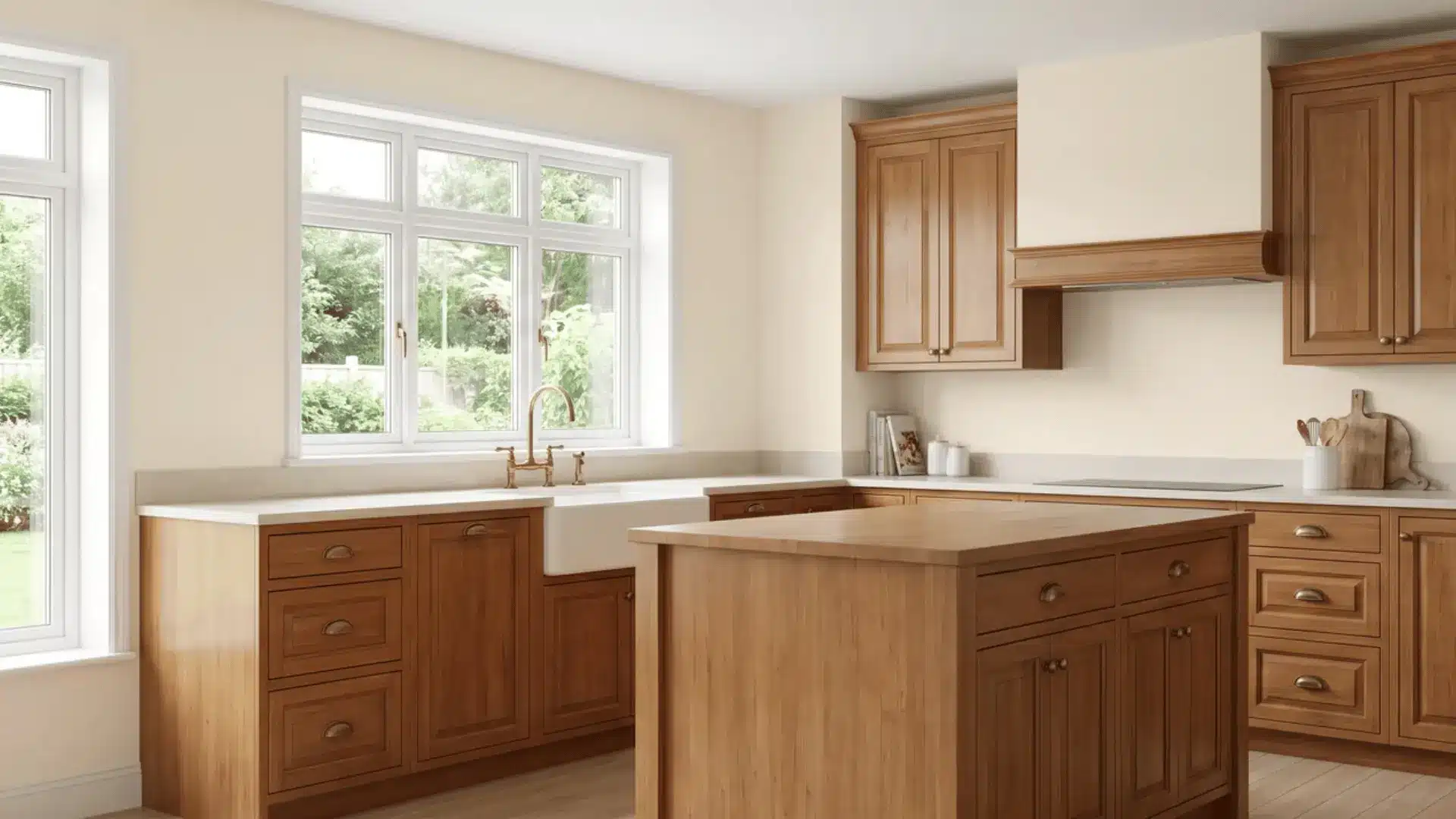 Traditional kitchen with Antique White walls, warm wood cabinetry, and aged brass hardware