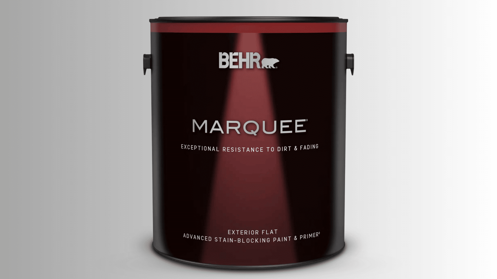 Behr Marquee exterior flat stain-blocking paint and primer can.