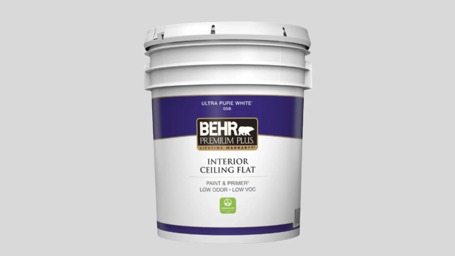 Behr Premium Plus ultra-pure white interior ceiling flat paint and primer.