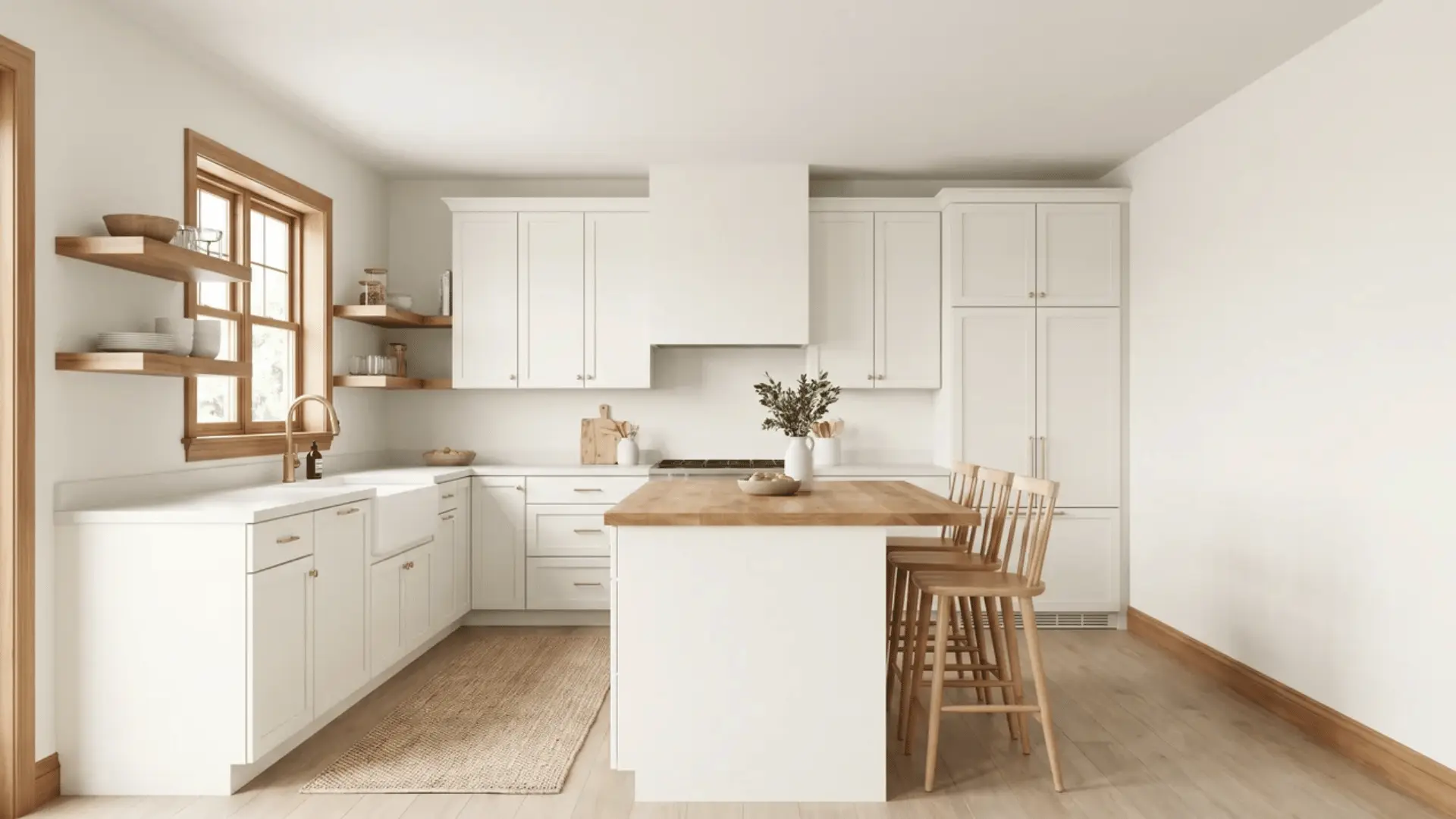 Kitchen with Swiss Coffee walls and cabinets, satin trim, and natural wood accents